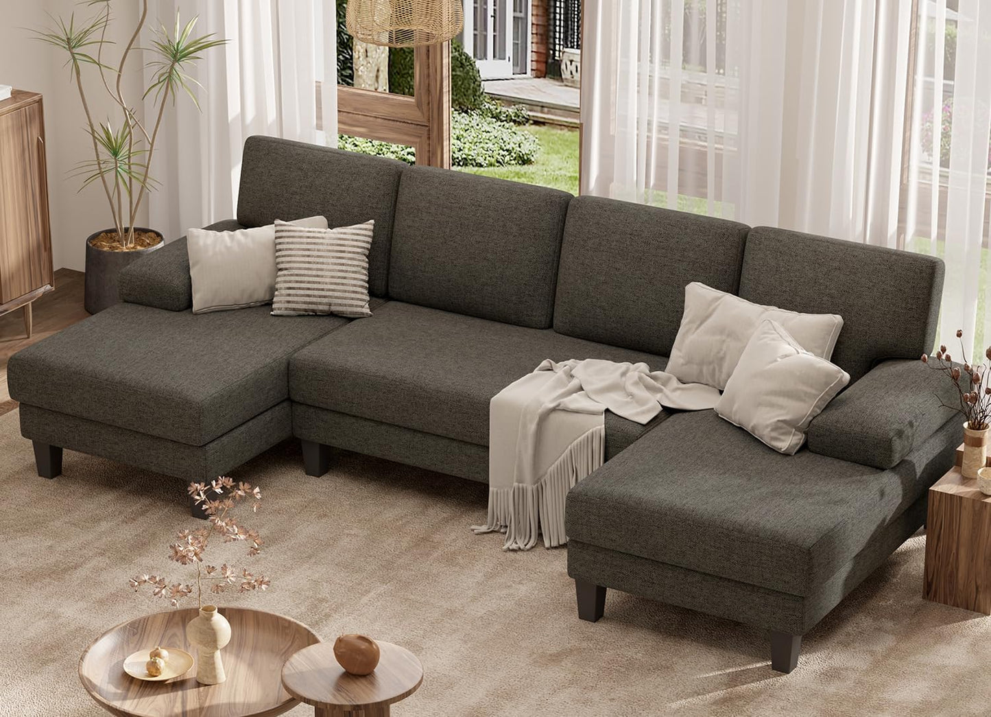 U-Shaped Sectional Sofa Couch for Living Room, Modern Modular Sofa with Double Chaise, Classic Lounge Couch Sleeper for Apartment, Darkbrown