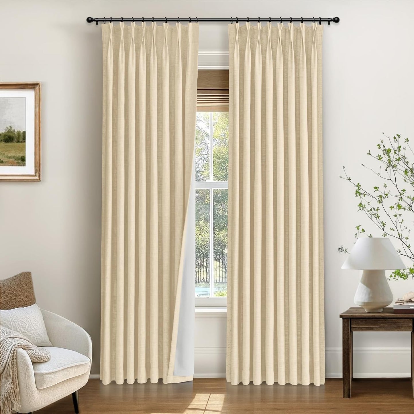 INOVADAY Pinch Pleated Curtains, 100% Light Blocking Linen Pinch Pleat Blackout Curtains for Bedroom, Thermal Insulated Blackout Drapes 2 Panels Set for Living Room - Natural on Linen, W40 x L96