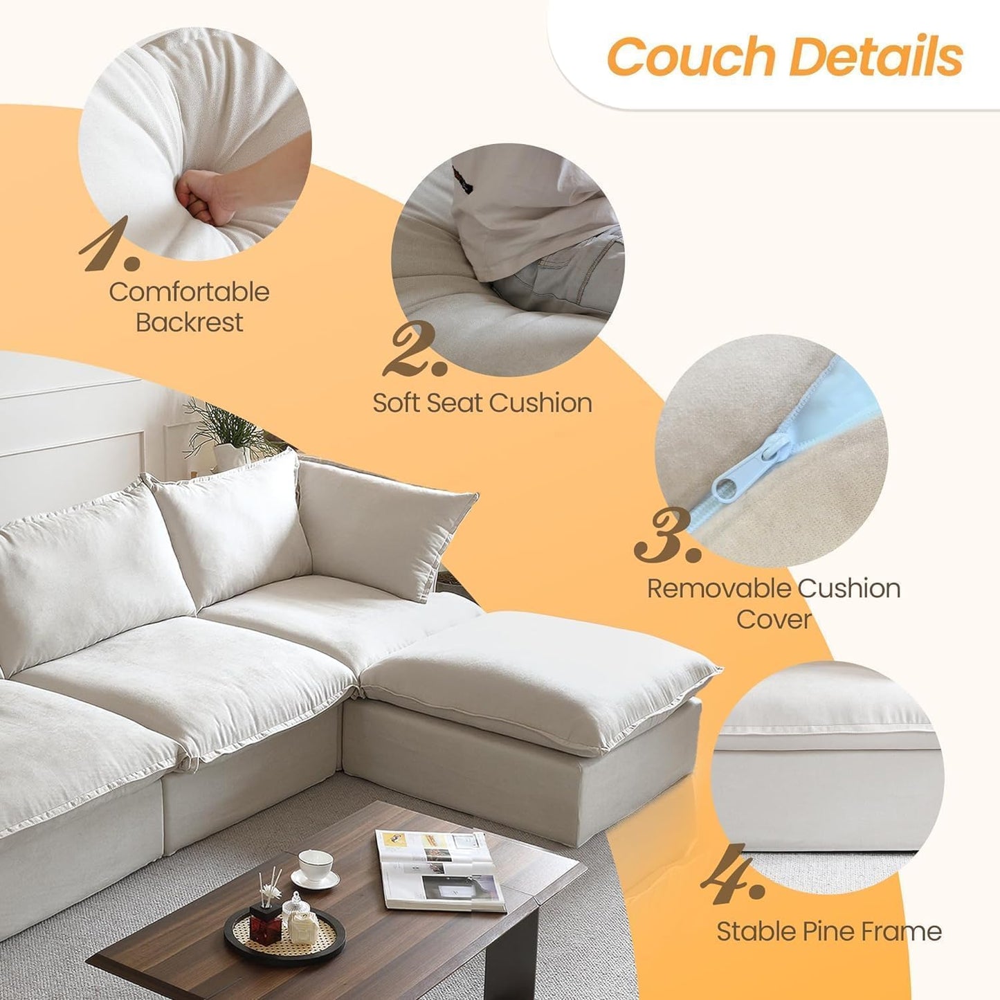 JACH U-Shaped Couches for Living Room, Convertible Sectional Sofa, 162" Modern Deep Seat Soft Cloud Couch, Modular Sectional Sofas with Ottomans, Sofa Cover Removable(Beige)