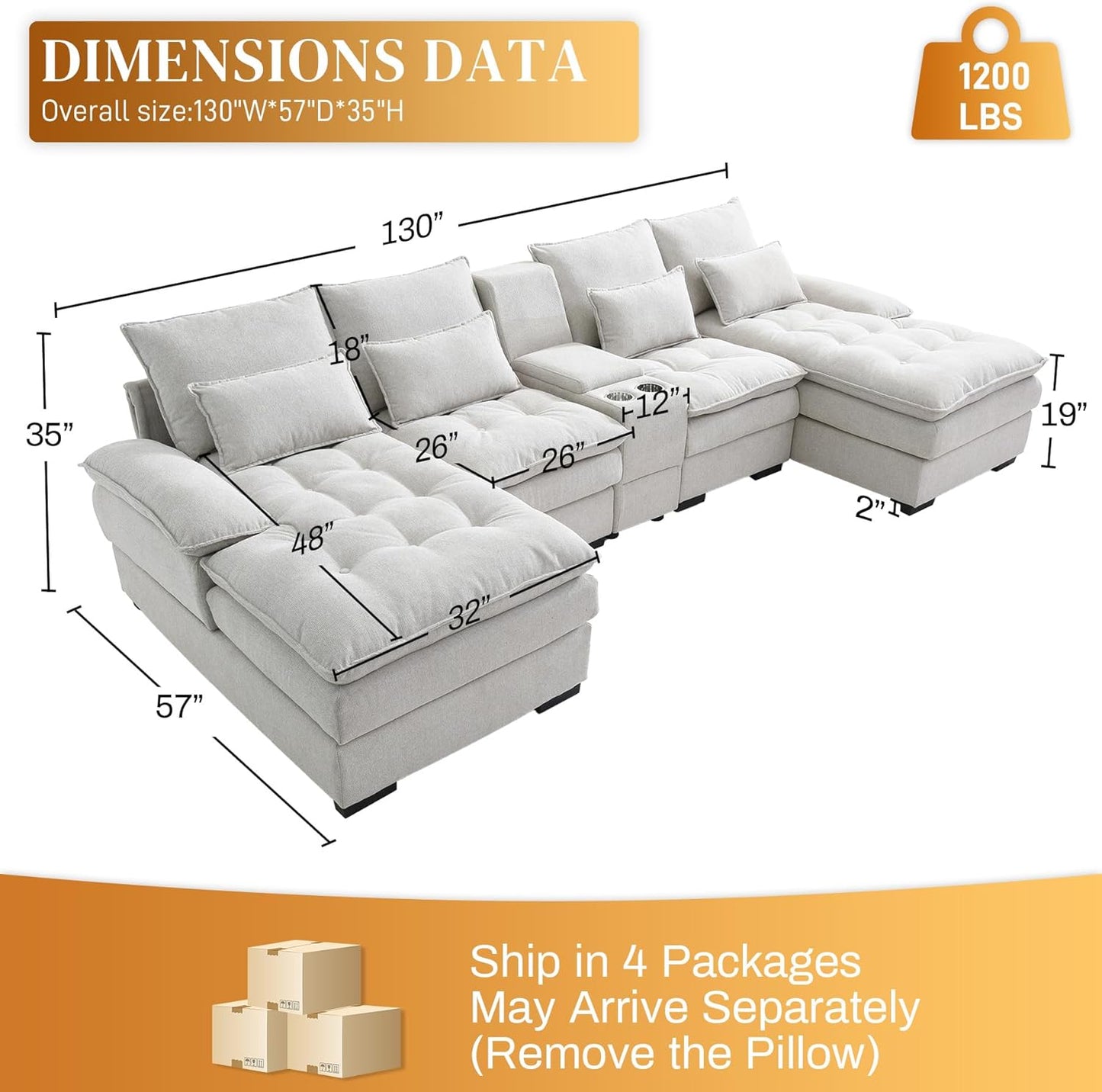 OUYESSIR 130" U Shaped Sectional Cloud Couches with Storage Console, Oversized Modular Sectional Sofa with Tufted Buttons & Chaise Lounge, Comfy Linen 6 Seat Sofa for Living Room, Beige White
