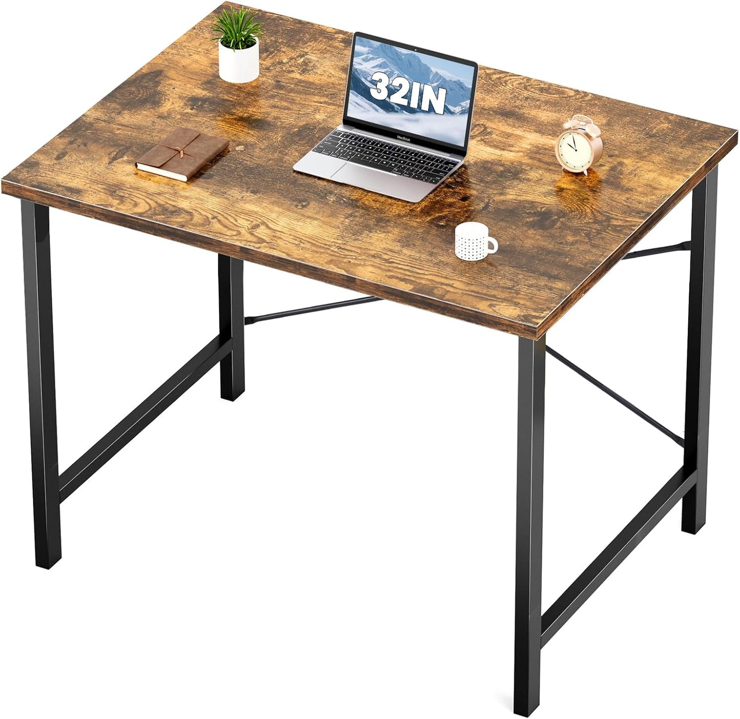Sweetcrispy Computer Small Desk, 32 Inch Office Writing Work Study Kids Student Home Bedroom Table with Metal Frame Wooden Tabletop No Wheels - White Wood