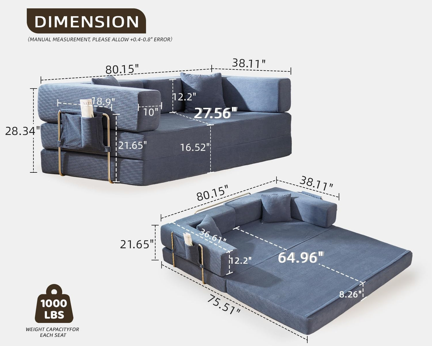 Folding Sofa Bed Convertable Corduroy Couch King Size Floor Sleeper 4-in-1 DIY Combination Modular Sofa Fold Out Futon Lounge Comfy Foldable Lazy cama for Living Room (Blue, 80.15")