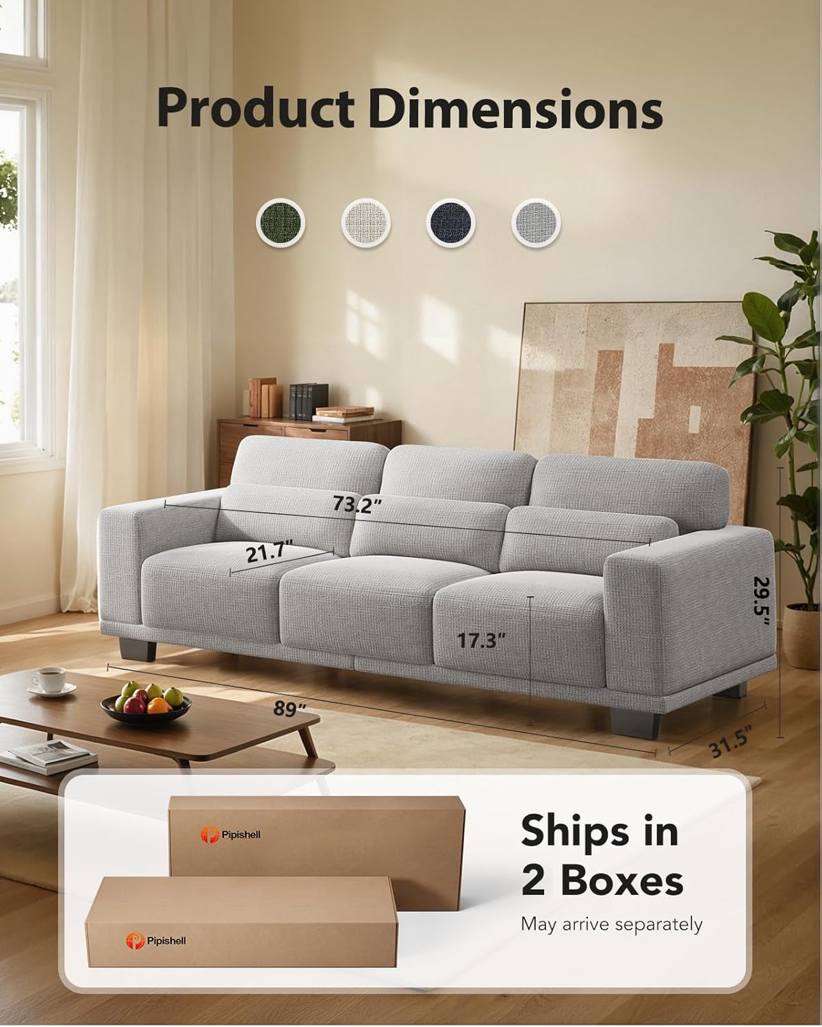 Pipishell 3 Seater Couch, Sofas for Living Room with Deep Seats and Wide Armrests, 89" Comfy 3 Seater Sofa, Supportive with Thickened Cushion, Cotton-Linen Couches, Removable & Washable Covers, Grey
