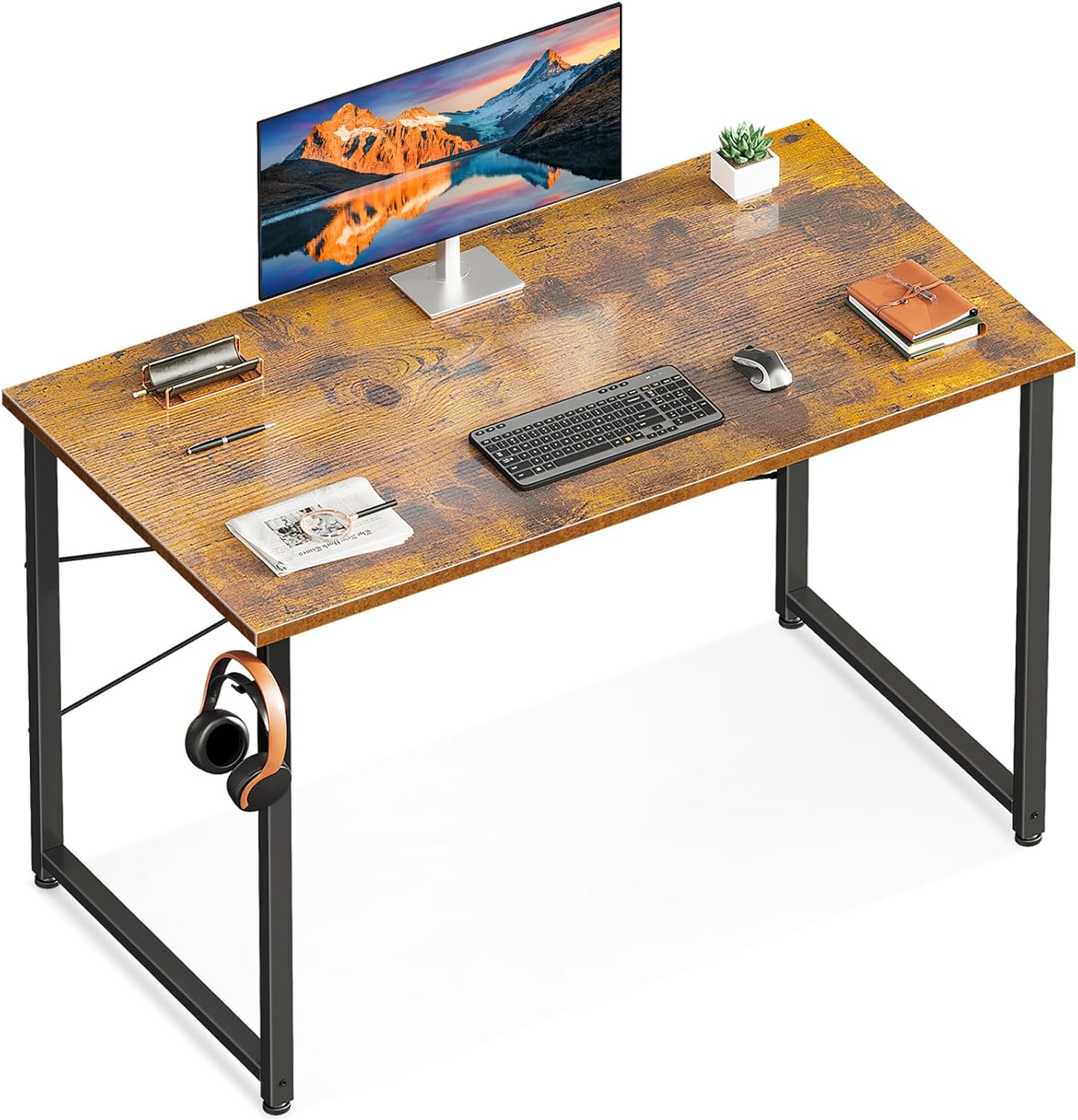 ODK 40 Inches Computer Desk for Home Office, Office Table for Small Spaces, Writing Desk with Headphone Hooks, Rustic Brown