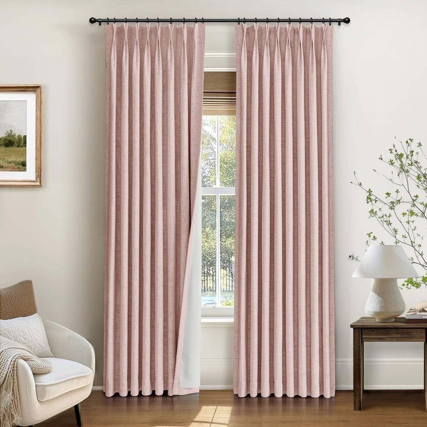 INOVADAY Pinch Pleated Curtains, 100% Light Blocking Linen Pinch Pleat Blackout Curtains for Bedroom, Thermal Insulated Blackout Drapes 2 Panels Set for Living Room - Natural on Linen, W40 x L96