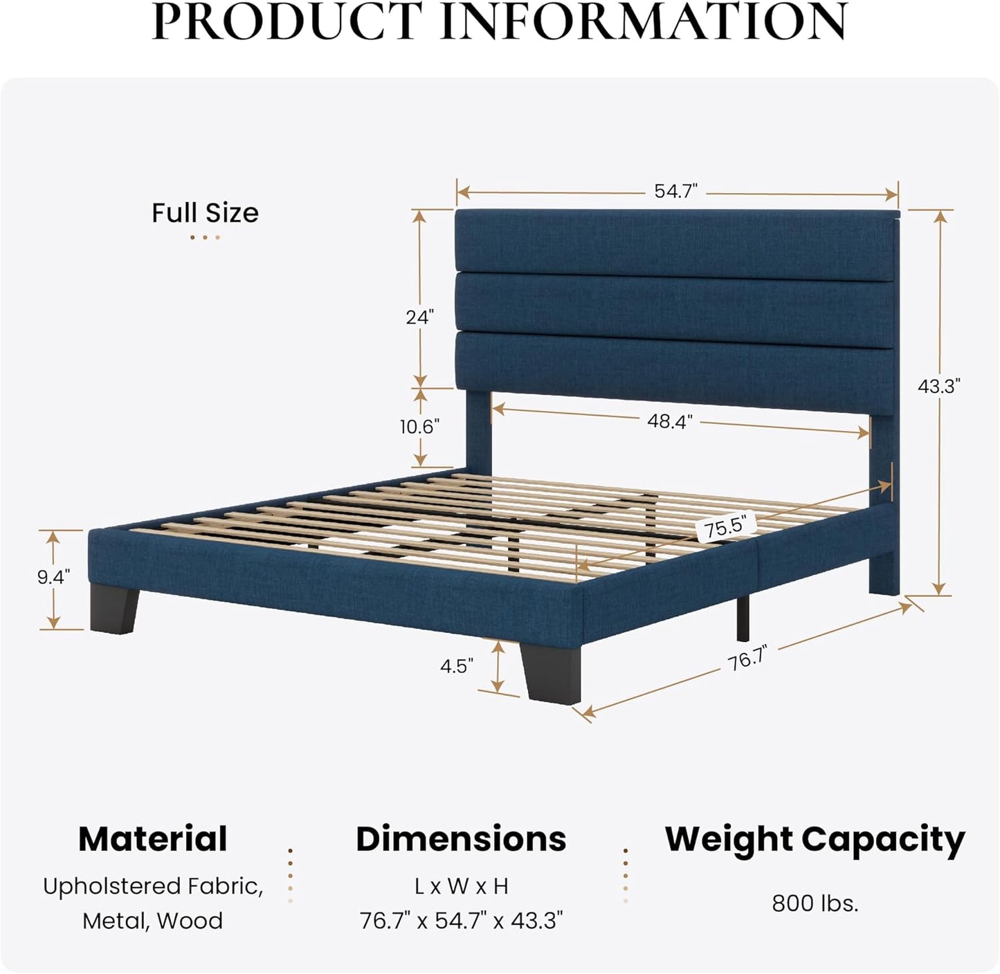 SHA CERLIN Full Platform Bed Frame with Upholstered Fabric Headboard, Mattress Foundation with Strong Wooden Slats Support, No Box Spring Needed, Blue