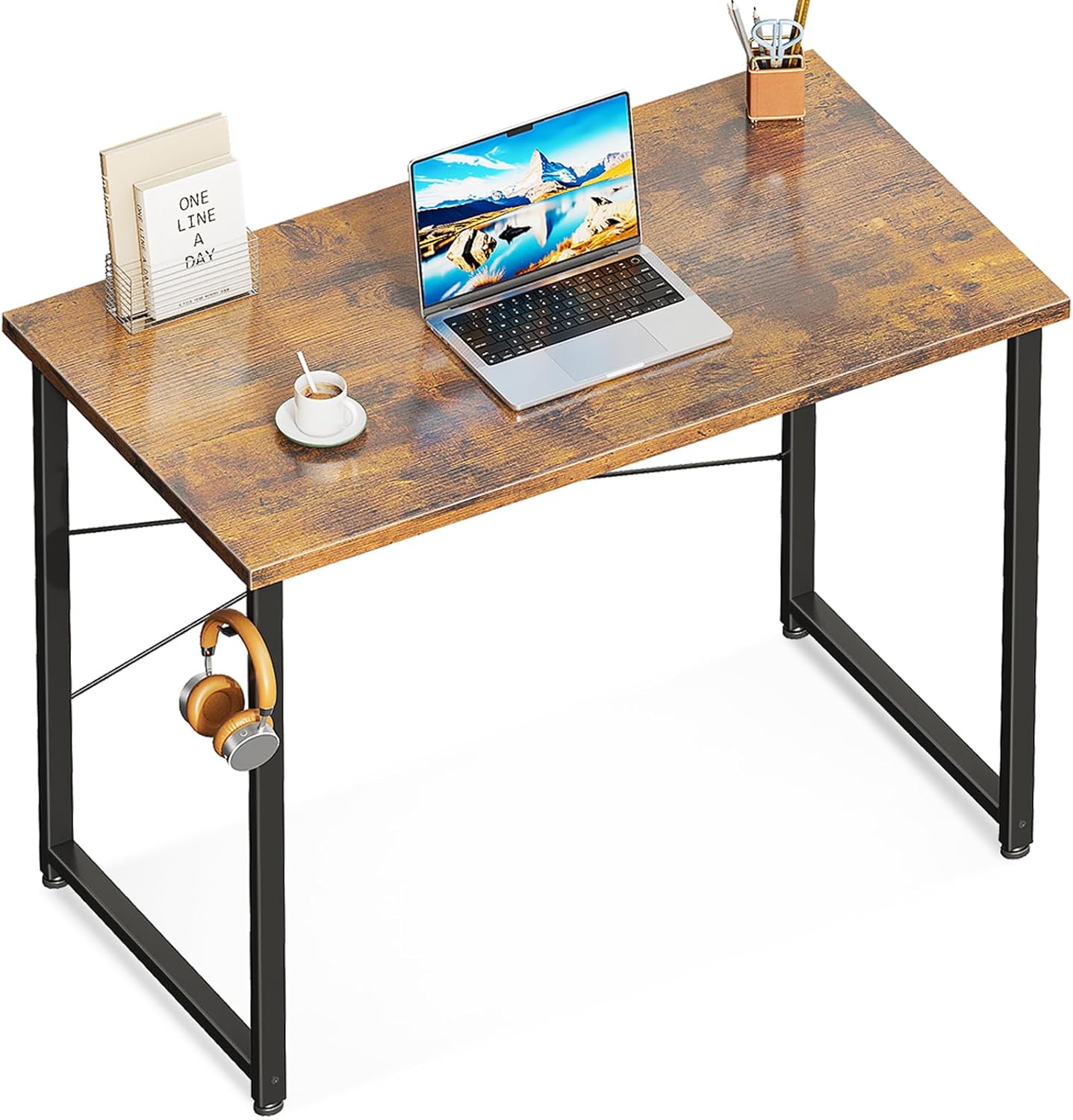 ODK 40 Inches Computer Desk for Home Office, Office Table for Small Spaces, Writing Desk with Headphone Hooks, Rustic Brown