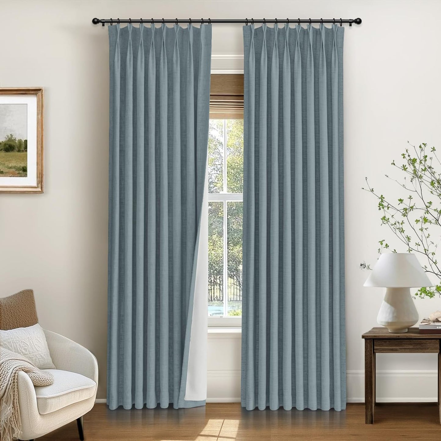 INOVADAY Pinch Pleated Curtains, 100% Light Blocking Linen Pinch Pleat Blackout Curtains for Bedroom, Thermal Insulated Blackout Drapes 2 Panels Set for Living Room - Natural on Linen, W40 x L96