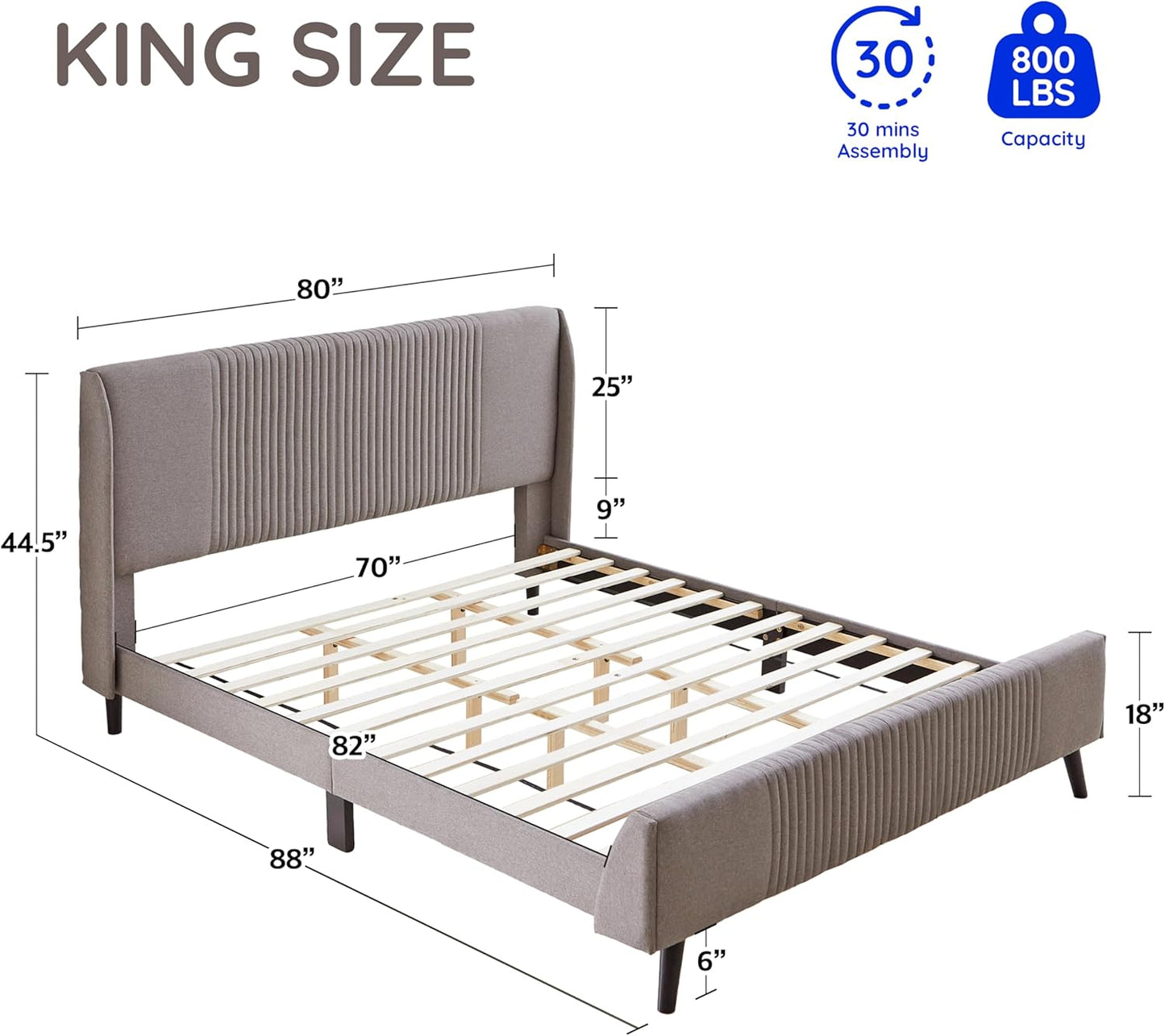 Livinia Sunset King Size Wingback Platform Bed, Fabric Upholstered King Bed Frame with Vertical Channel Tufted Headboard Footboard, Strong Wood Slats, No Box Spring Needed, Gray