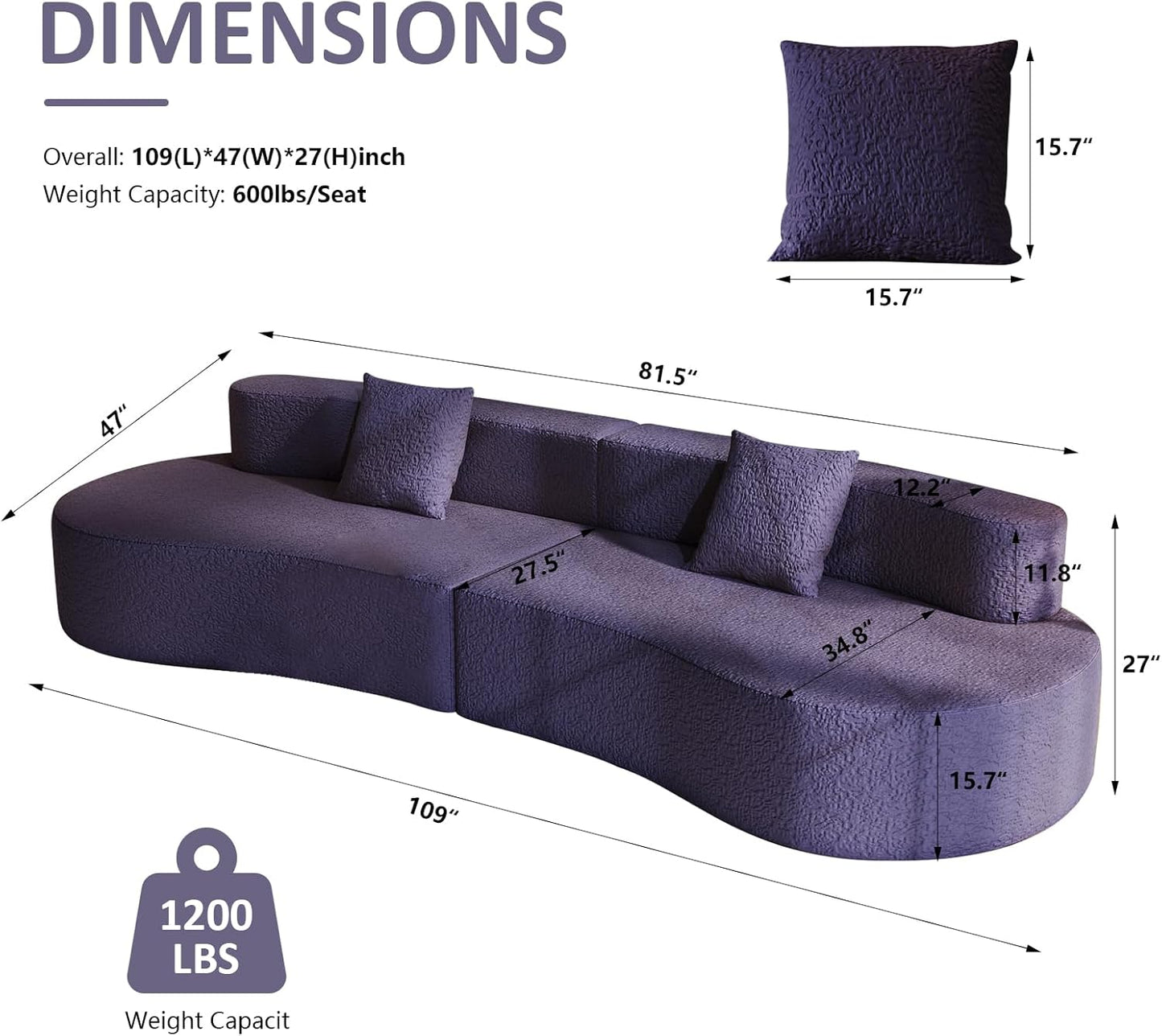 109" Modern Sectional Curved Couch, Upholstered 4-Seater Sofa with 2 Throw Pillows,Luxury Chenille Boucle Couches with High-Density Foam, for Living Room (Purple, 109" Curved Couch)