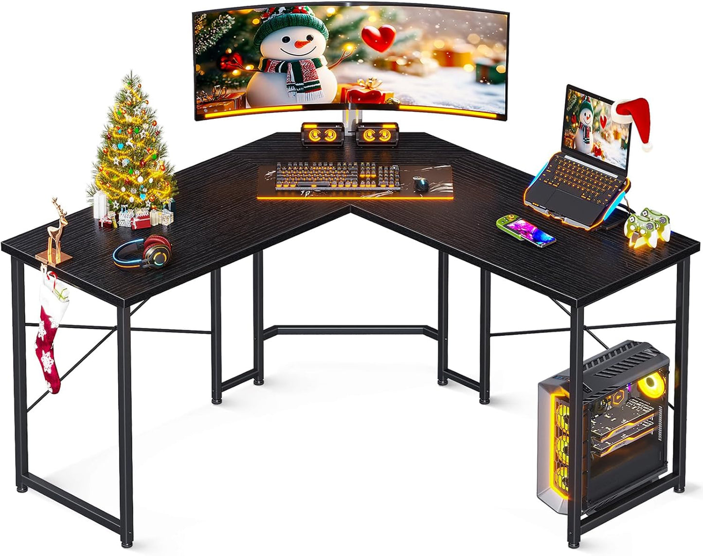 Casaottima L Shaped Gaming Desk, Corner Desk Gaming Table for Home Office, Computer Desk Sturdy Writing Workstation for Small Space, Easy to Assemble, 51 inch, Carbon Fiber Surface, Black