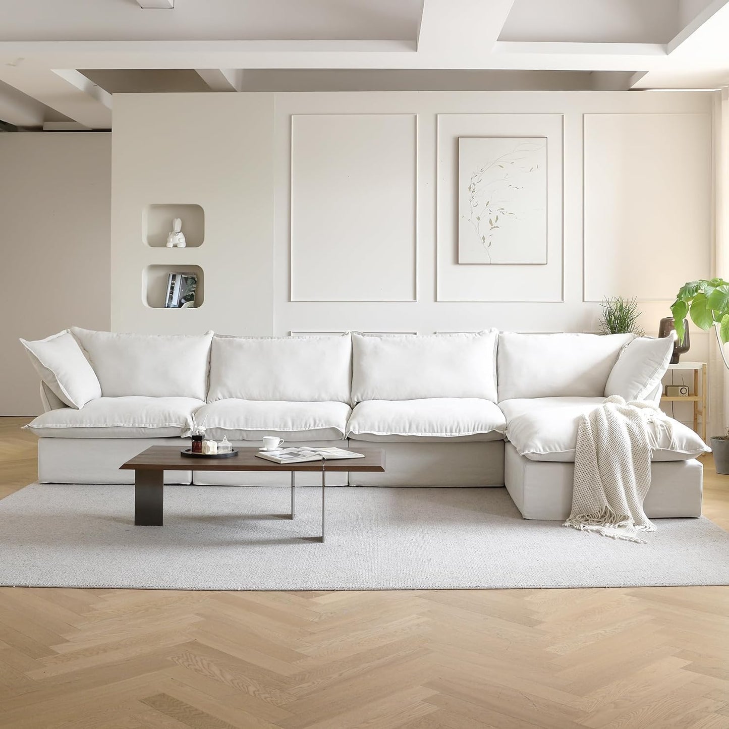 JACH U-Shaped Couches for Living Room, Convertible Sectional Sofa, 162" Modern Deep Seat Soft Cloud Couch, Modular Sectional Sofas with Ottomans, Sofa Cover Removable(Beige)