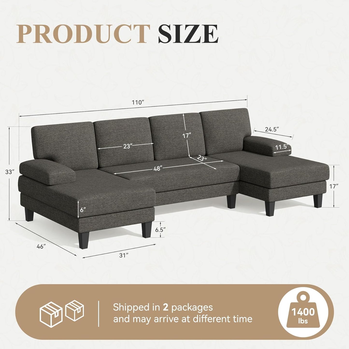 U-Shaped Sectional Sofa Couch for Living Room, Modern Modular Sofa with Double Chaise, Classic Lounge Couch Sleeper for Apartment, Darkbrown