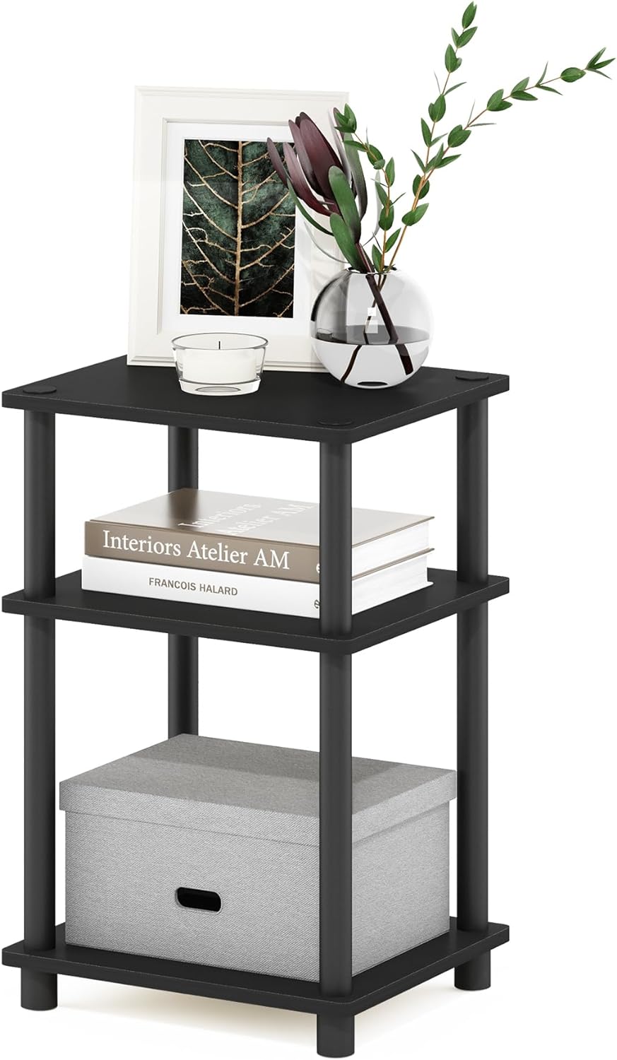 Furinno Just 3-Tier Turn-N-Tube End Table / Side Table / Night Stand / Bedside Table with Plastic Poles, 1-Pack, French Oak Grey/Black