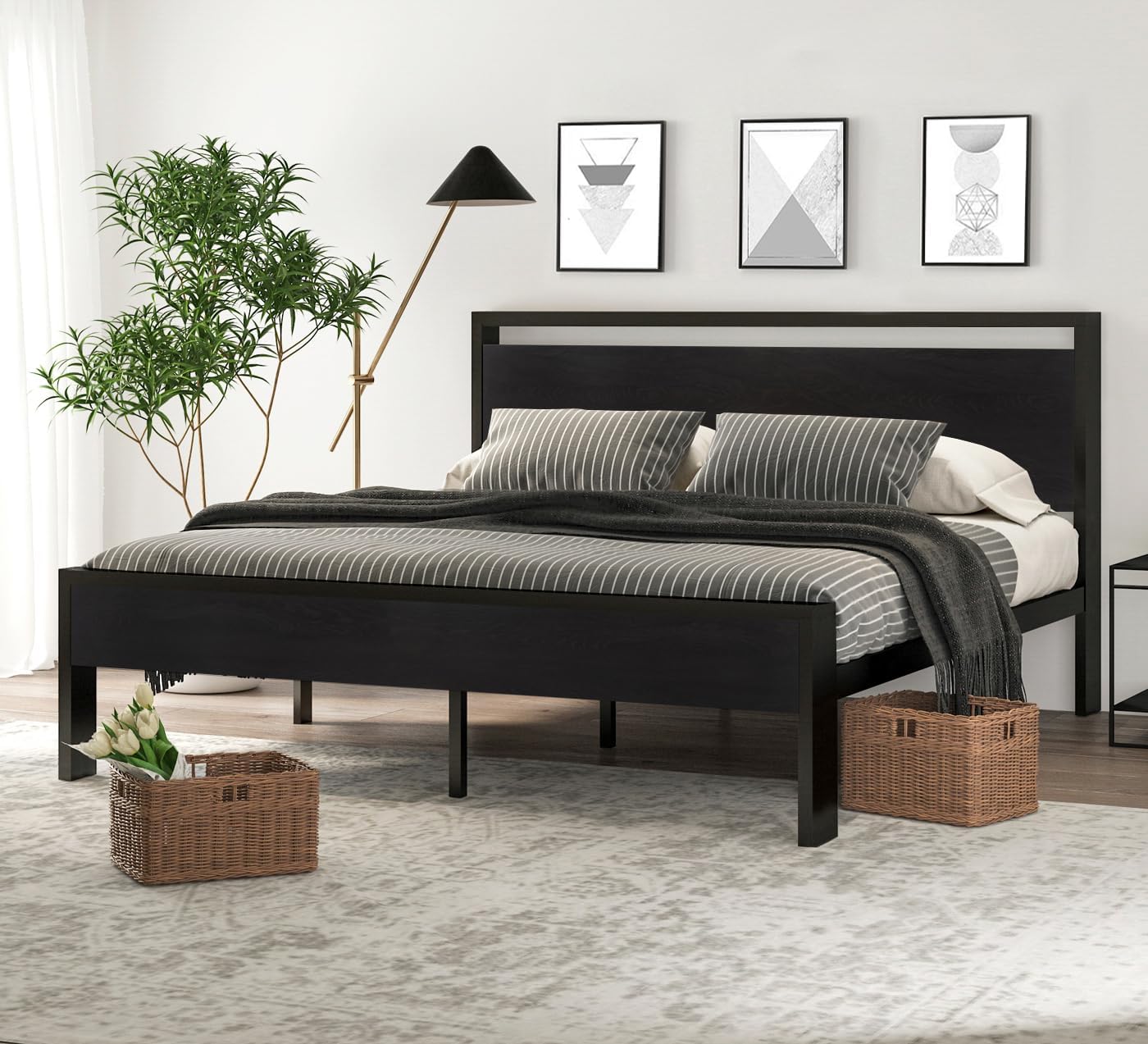 SHA CERLIN 14 Inch Full Size Metal Platform Bed Frame with Wooden Headboard and Footboard, Mattress Foundation, No Box Spring Needed, Large Under Bed Storage, Non-Slip Without Noise, Black Oak