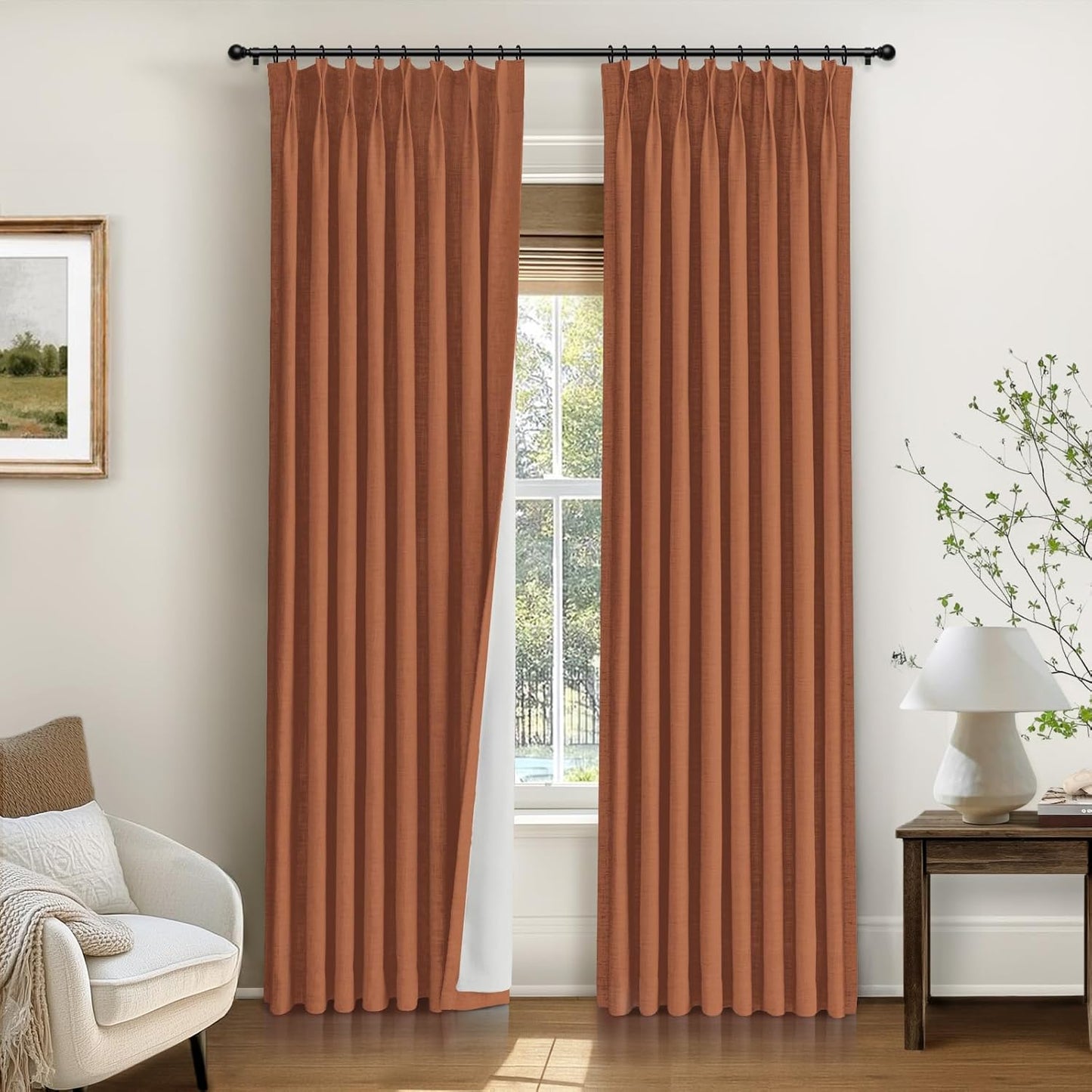 INOVADAY Pinch Pleated Curtains, 100% Light Blocking Linen Pinch Pleat Blackout Curtains for Bedroom, Thermal Insulated Blackout Drapes 2 Panels Set for Living Room - Natural on Linen, W40 x L96