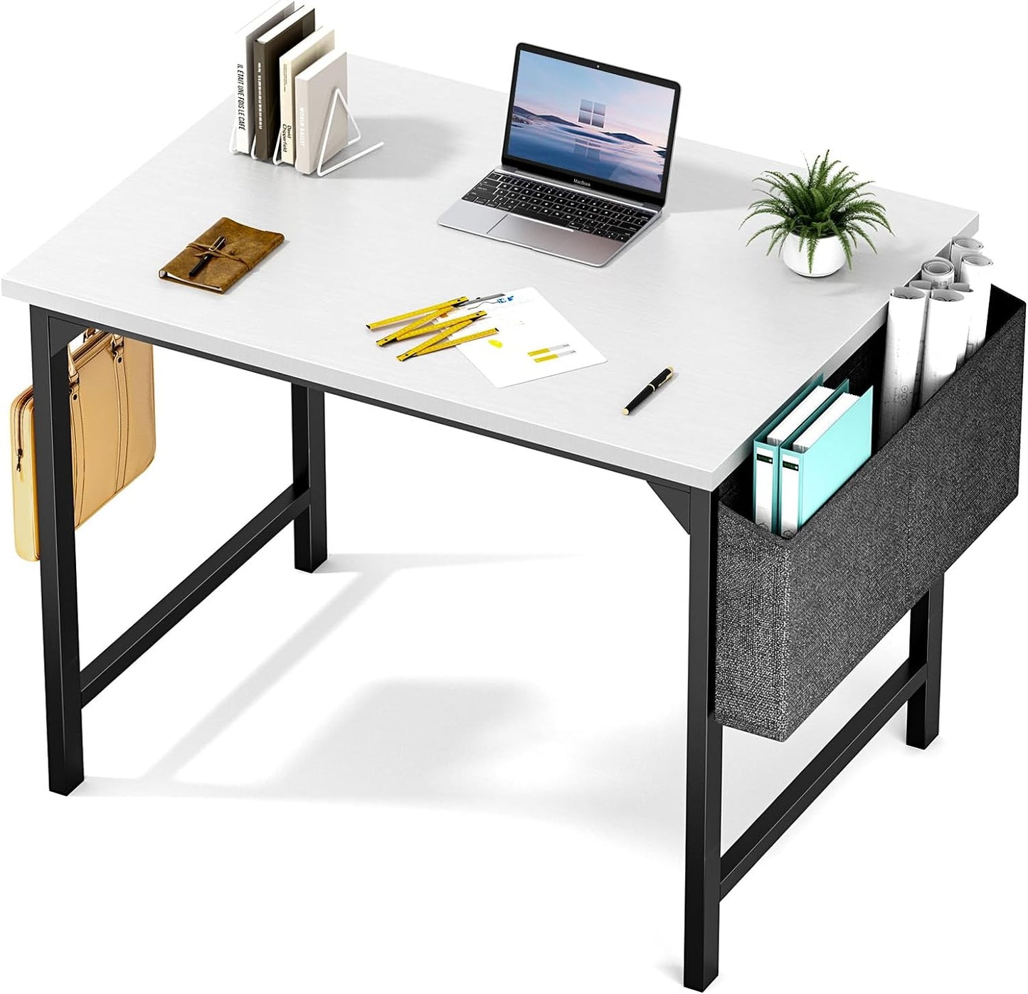Sweetcrispy Computer Small Desk, 32 Inch Office Writing Work Study Kids Student Home Bedroom Table with Metal Frame Wooden Tabletop No Wheels - White Wood