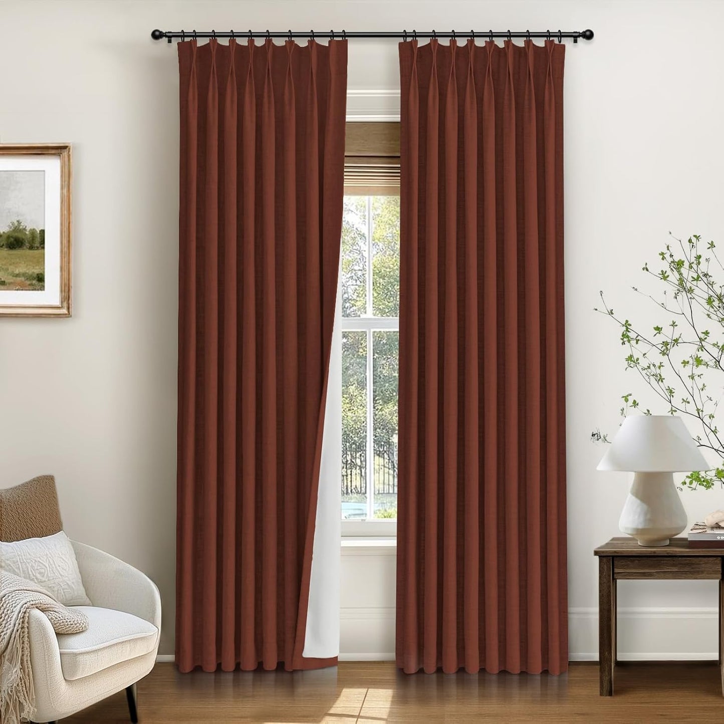 INOVADAY Pinch Pleated Curtains, 100% Light Blocking Linen Pinch Pleat Blackout Curtains for Bedroom, Thermal Insulated Blackout Drapes 2 Panels Set for Living Room - Natural on Linen, W40 x L96