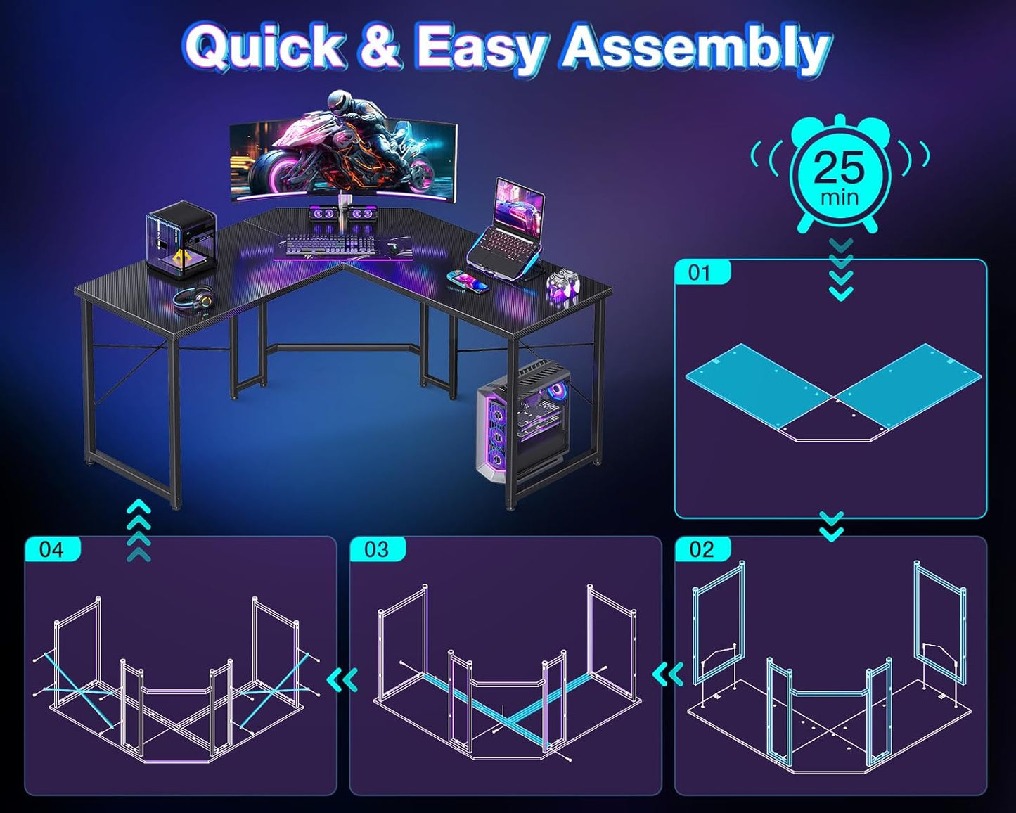 Casaottima L Shaped Gaming Desk, Corner Desk Gaming Table for Home Office, Computer Desk Sturdy Writing Workstation for Small Space, Easy to Assemble, 51 inch, Carbon Fiber Surface, Black