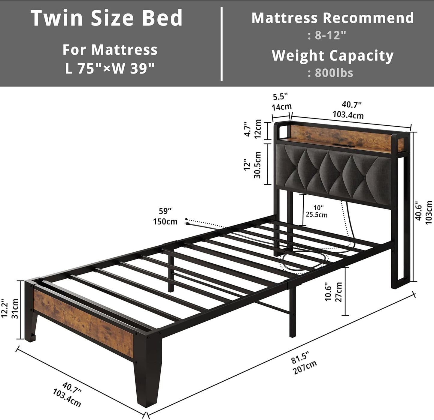 ANCTOR Twin Bed Frames, Storage Headboard with Outlets, Easy to Install, Sturdy and Stable, No Noise, No Box Springs Needed - Perfect for a Good Night's Sleep