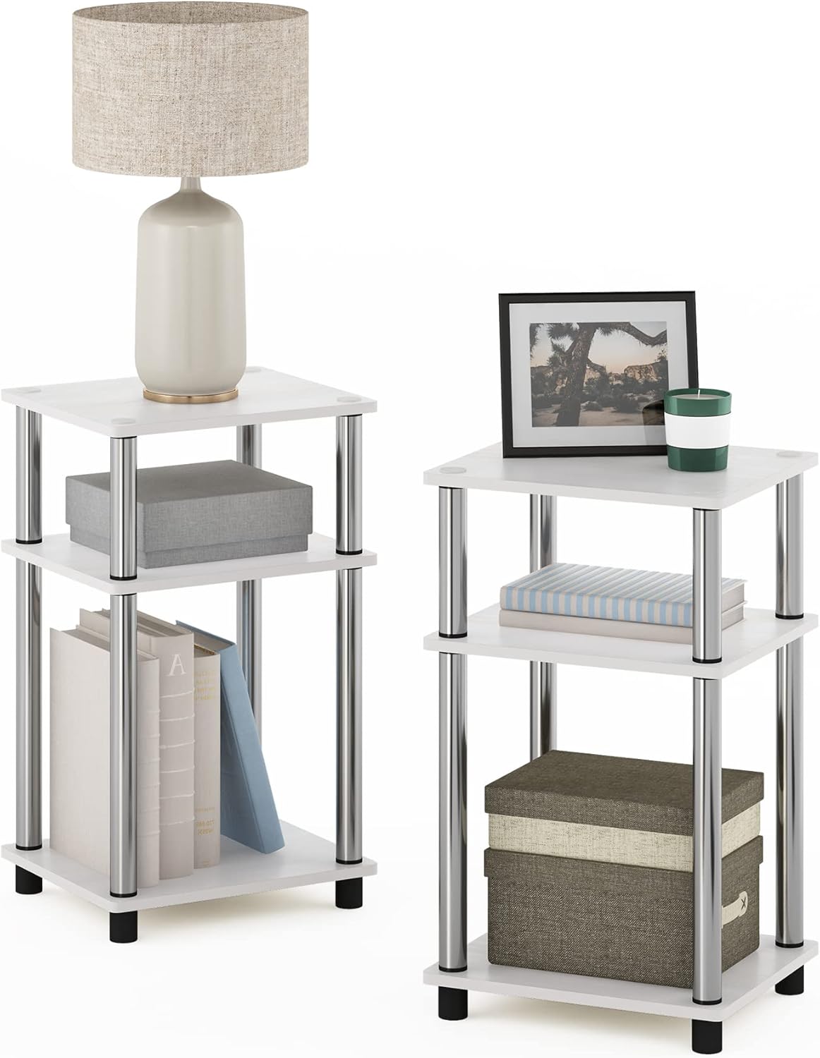 Furinno Just 3-Tier Turn-N-Tube End Table / Side Table / Night Stand / Bedside Table with Plastic Poles, 1-Pack, French Oak Grey/Black