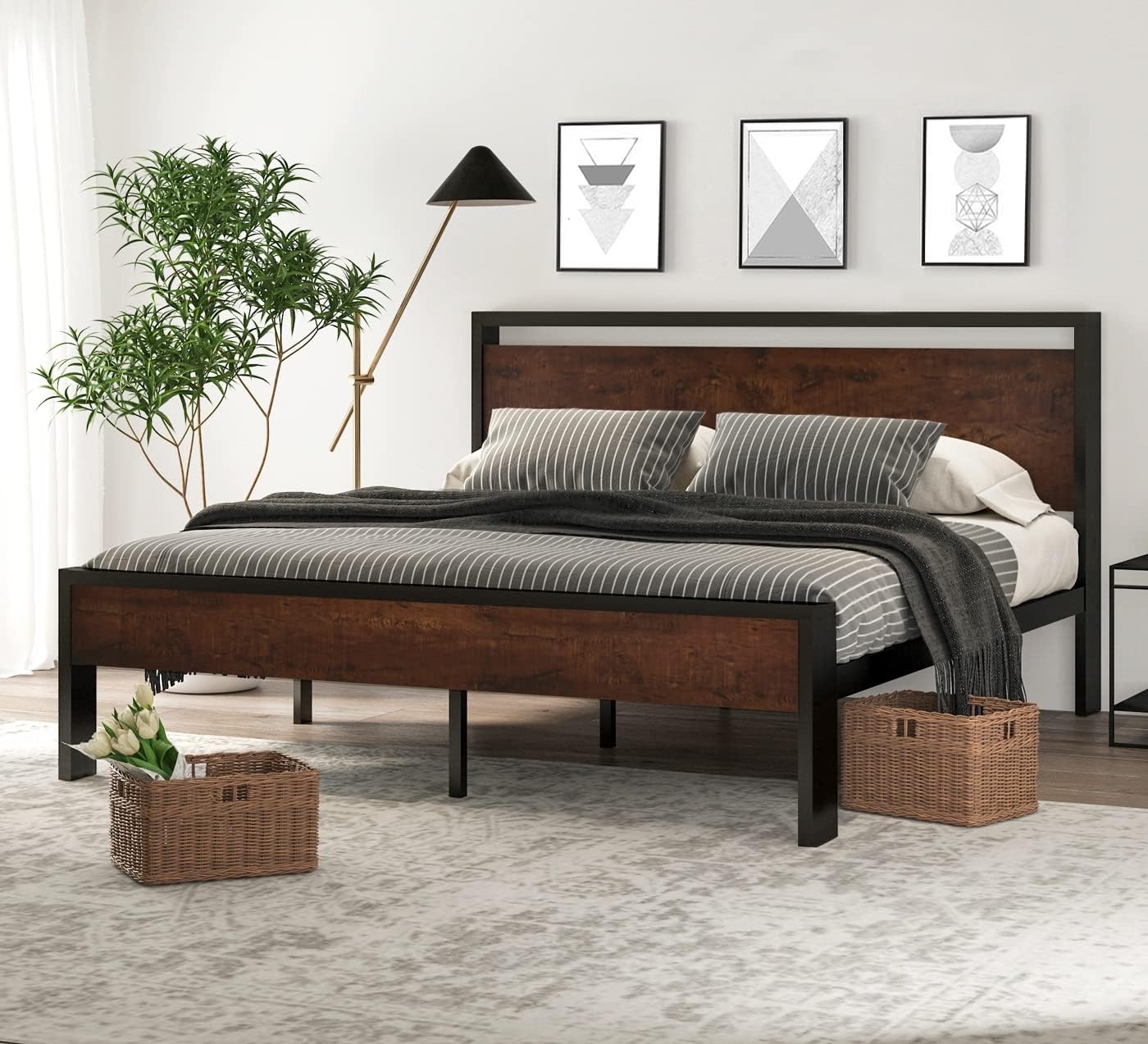 SHA CERLIN 14 Inch Full Size Metal Platform Bed Frame with Wooden Headboard and Footboard, Mattress Foundation, No Box Spring Needed, Large Under Bed Storage, Non-Slip Without Noise, Black Oak