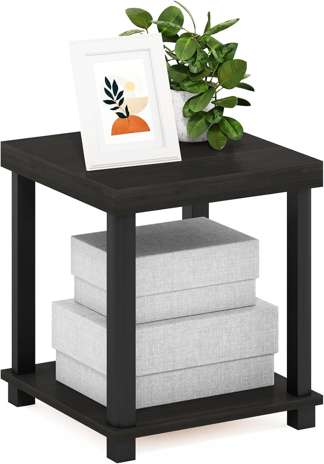 Furinno Just 3-Tier Turn-N-Tube End Table / Side Table / Night Stand / Bedside Table with Plastic Poles, 1-Pack, French Oak Grey/Black