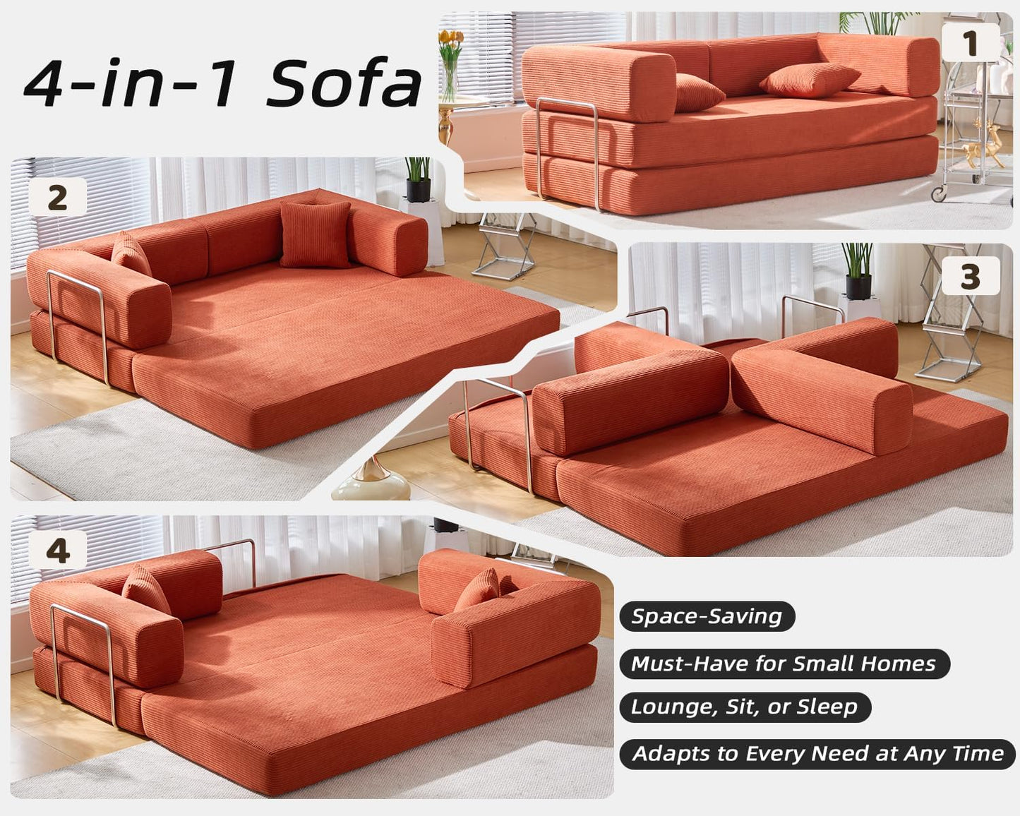 Folding Sofa Bed Convertable Corduroy Couch King Size Floor Sleeper 4-in-1 DIY Combination Modular Sofa Fold Out Futon Lounge Comfy Foldable Lazy cama for Living Room (Orange, 80.15")