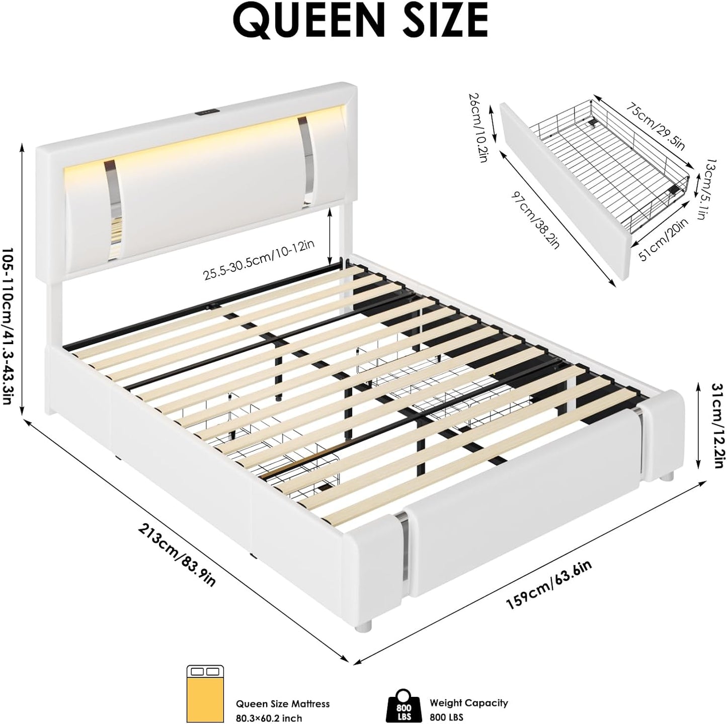 Keyluv Queen Bed Frame with RGB LED Lights Headboard & 2 Storage Drawers, Modern Upholstered Faux Leather Smart Platform Iron Metal Decor, USB USB-C Charging Ports, No Box Spring Needed, White