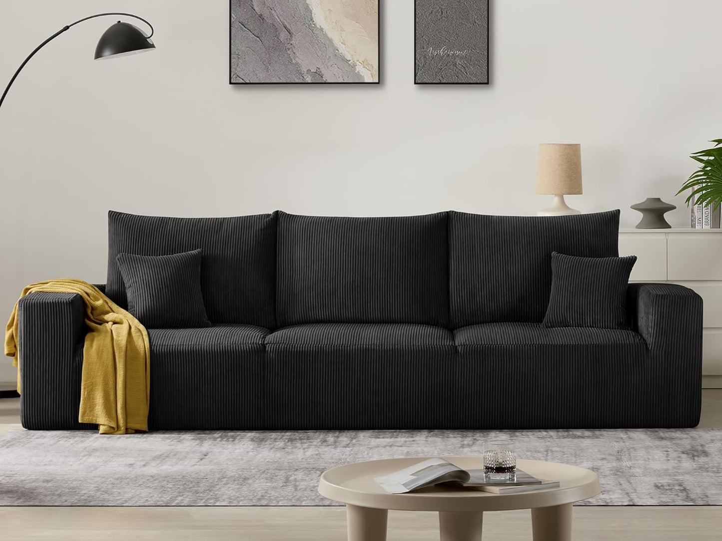 Sectional Cloud Boneless Sofa Couches for Living Room-113'' Gray 3 Seater U-Shaped Modern Lounge Couch-No Assembly Modular Corduroy Convertible Sponge Sleeper Sofas with Chaise for Home House
