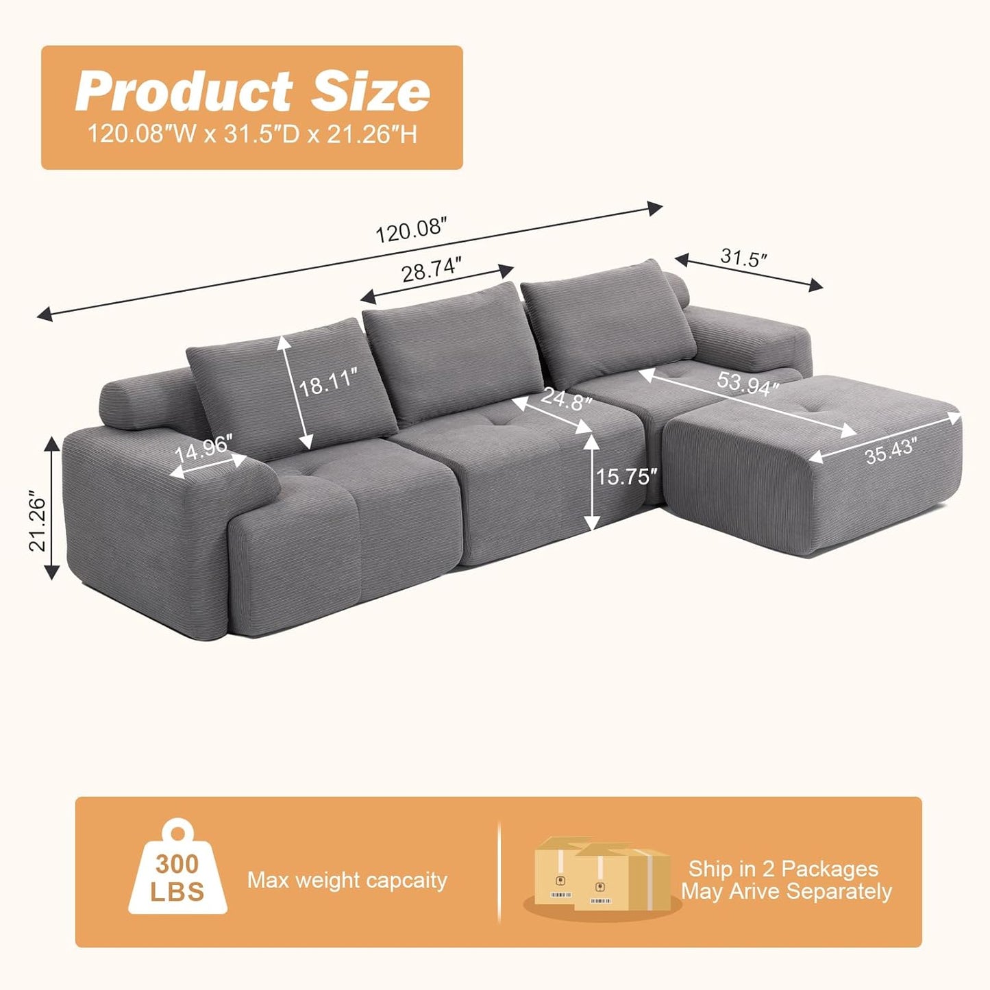 L-Shaped Sectional Sofa Bed with Memory Foam, No-Assembly Convertible Loveseat Couch, Corduroy Fabric Modular Sofa with Steel Frame for Living Room, Apartment, Bedroom, Small Spaces (Grey)