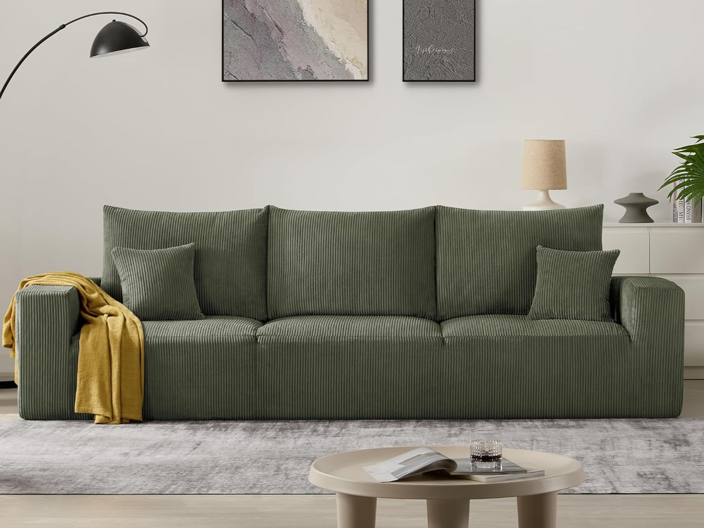 Sectional Cloud Boneless Sofa Couches for Living Room-113'' Gray 3 Seater U-Shaped Modern Lounge Couch-No Assembly Modular Corduroy Convertible Sponge Sleeper Sofas with Chaise for Home House
