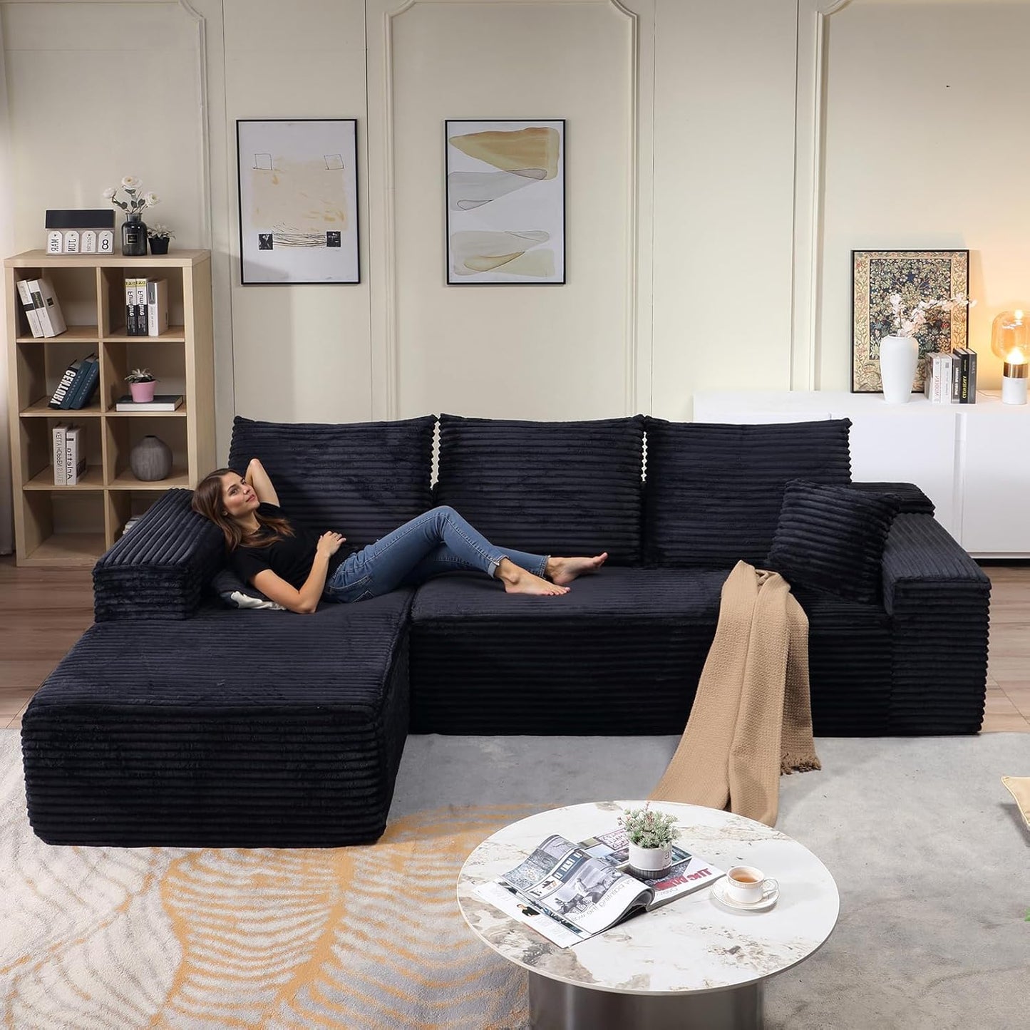 107" Modular Sectional Couches for Living Room, Comfy Boneless L Shaped Cloud Couch with Chaise Lounge, Modern Cozy Corduroy Deep Seat Floor Sofa, Memory Foam, No Assembly Required, Black
