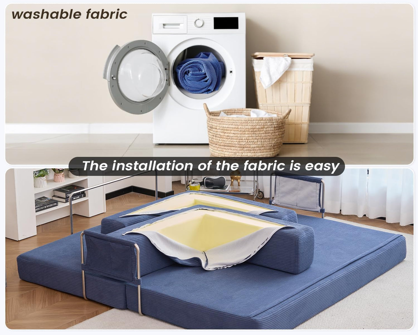 Folding Sofa Bed Convertable Corduroy Couch King Size Floor Sleeper 4-in-1 DIY Combination Modular Sofa Fold Out Futon Lounge Comfy Foldable Lazy cama for Living Room (Blue, 80.15")