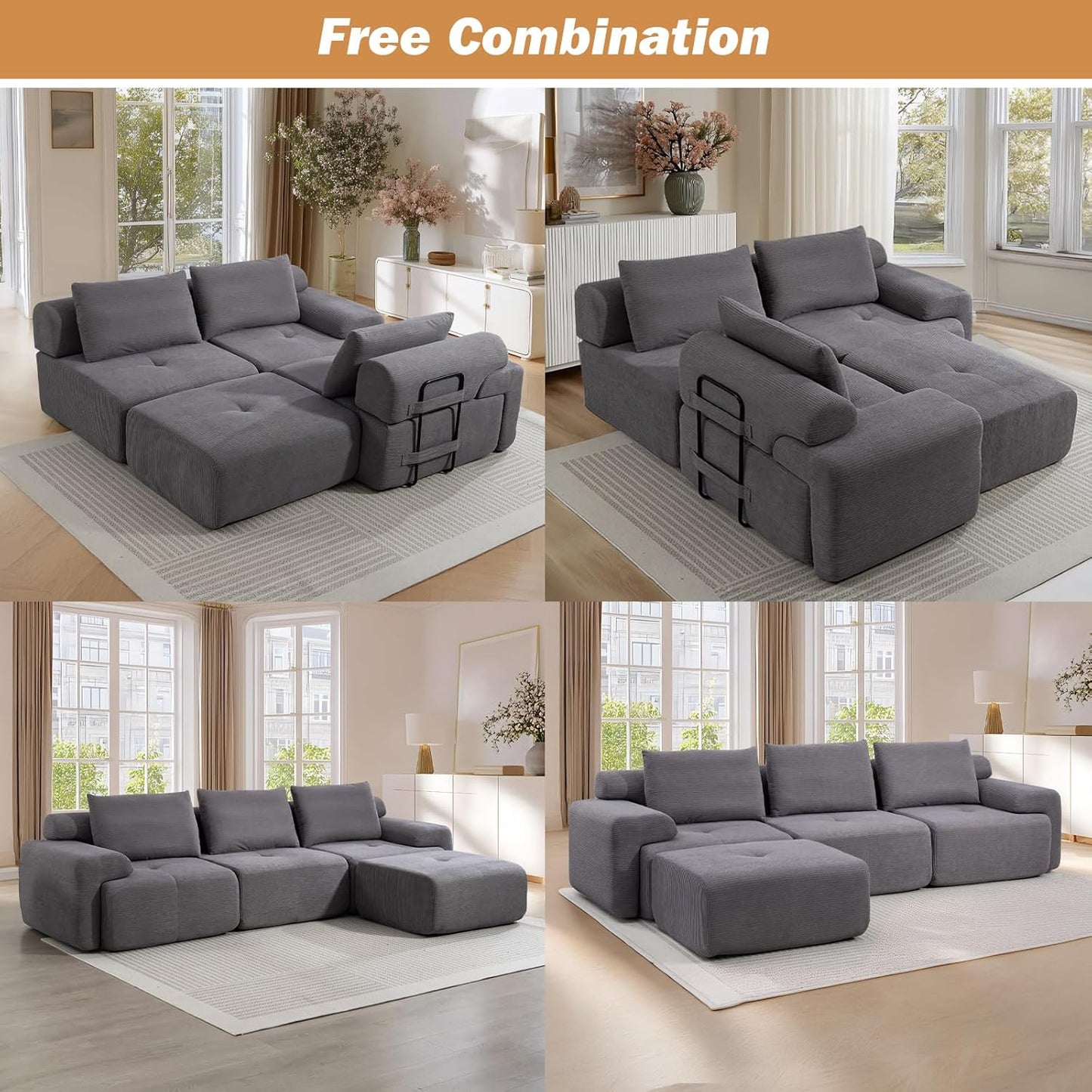 L-Shaped Sectional Sofa Bed with Memory Foam, No-Assembly Convertible Loveseat Couch, Corduroy Fabric Modular Sofa with Steel Frame for Living Room, Apartment, Bedroom, Small Spaces (Grey)