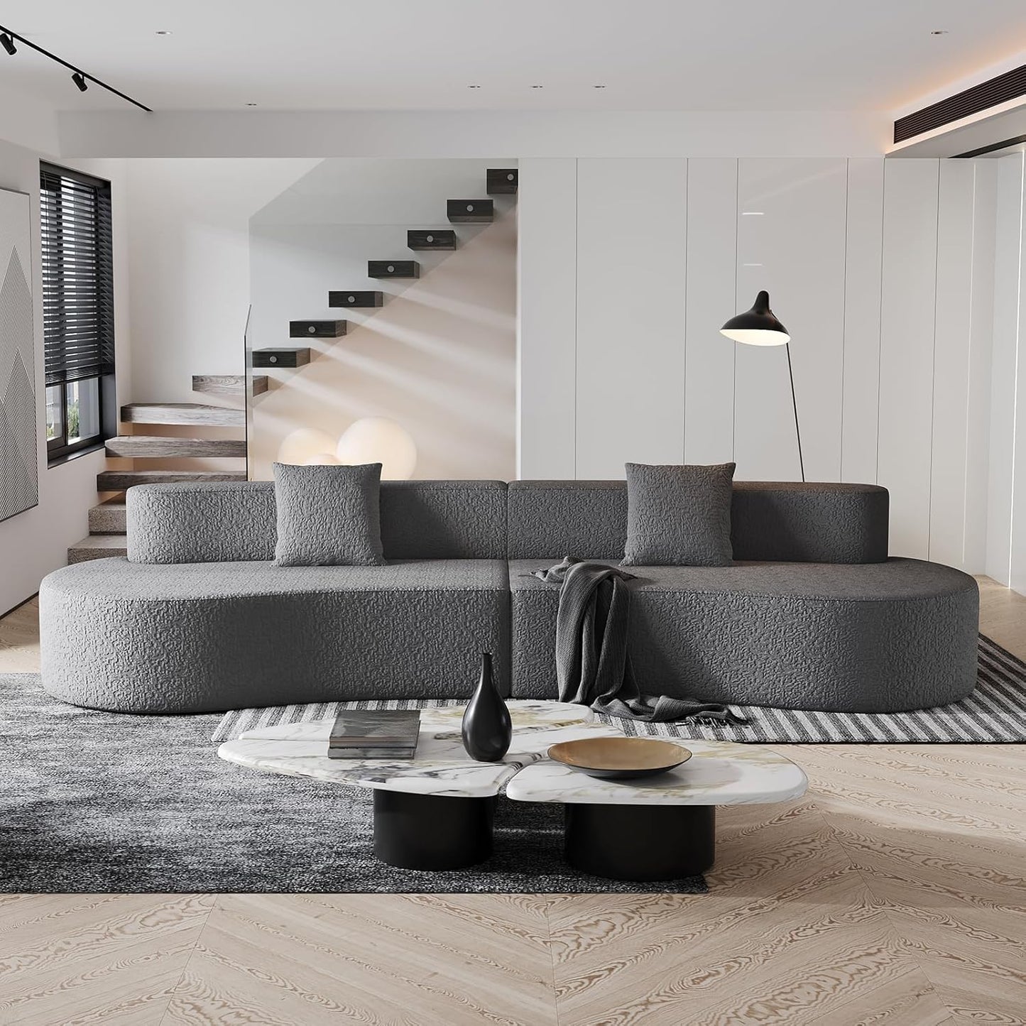 109" Modern Sectional Curved Couch, Upholstered 4-Seater Sofa with 2 Throw Pillows,Luxury Chenille Boucle Couches with High-Density Foam, for Living Room (Purple, 109" Curved Couch)