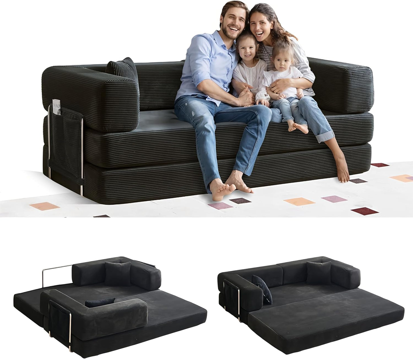 Folding Sofa Bed Convertable Corduroy Couch King Size Floor Sleeper 4-in-1 DIY Combination Modular Sofa Fold Out Futon Lounge Comfy Foldable Lazy cama for Living Room (Orange, 80.15")