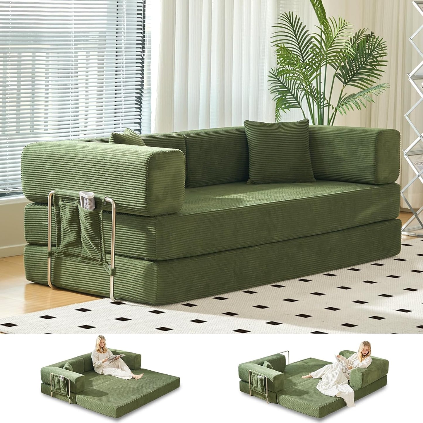 Folding Sofa Bed Convertable Corduroy Couch King Size Floor Sleeper 4-in-1 DIY Combination Modular Sofa Fold Out Futon Lounge Comfy Foldable Lazy cama for Living Room (Blue, 80.15")