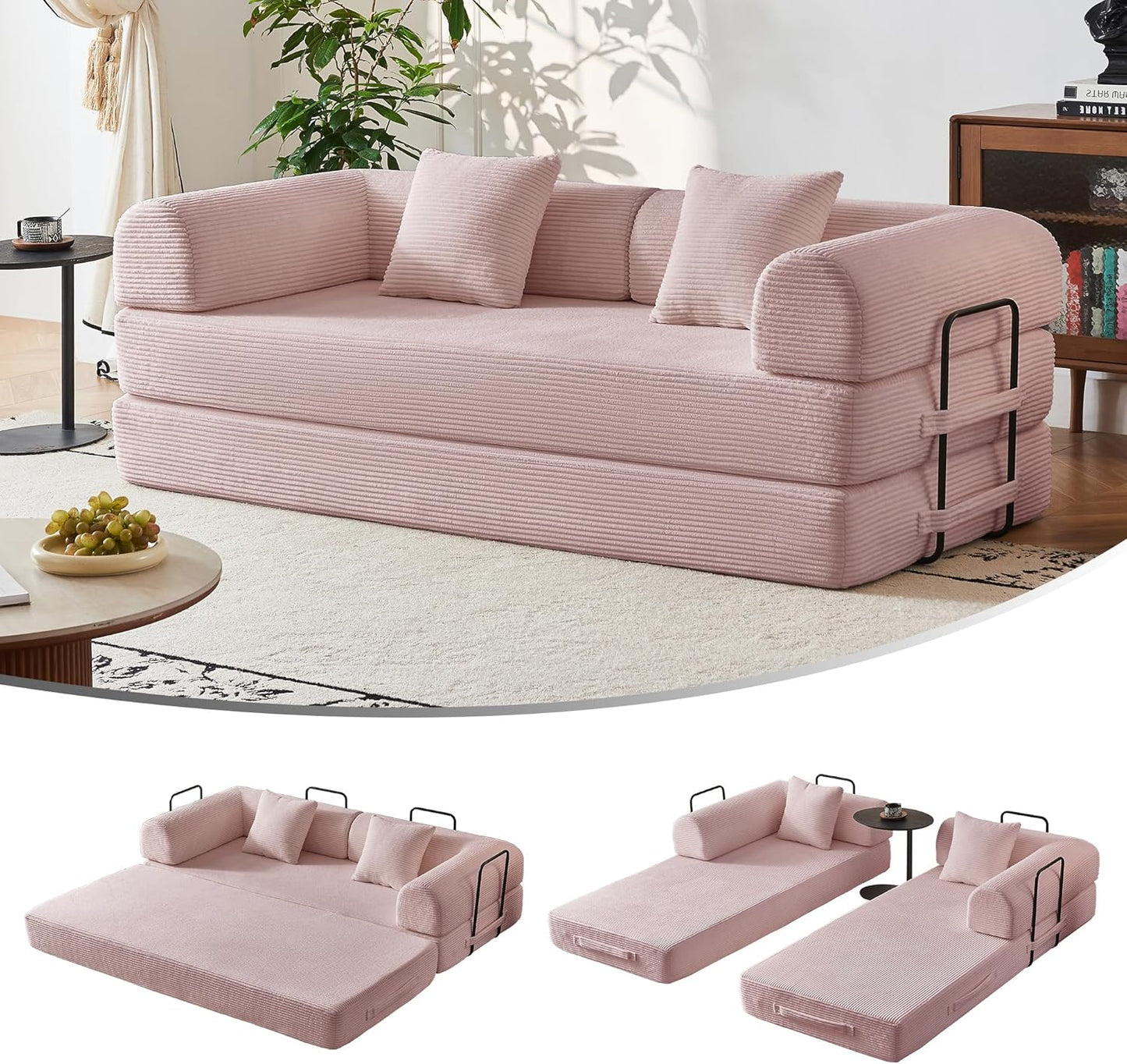 79" Modular Sofa Bed, Convertible Sleeper Sofa Bed, Couch Bed with Fixed-Shape Frame, Corduroy Floor Sofa Lounge Couch, Couches for Living Room with 2 Pillows, No Assembly Required, Black