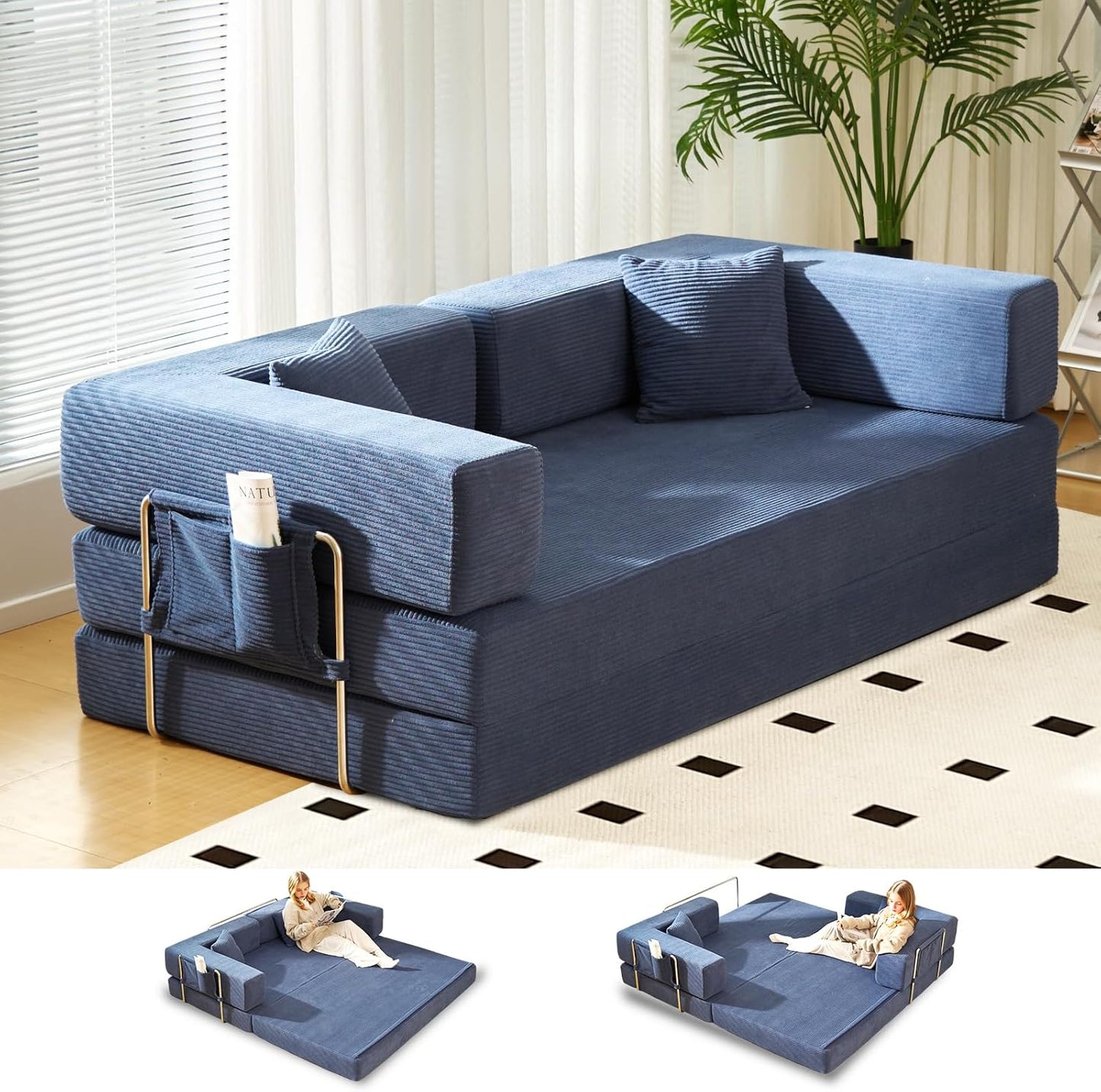 Folding Sofa Bed Convertable Corduroy Couch King Size Floor Sleeper 4-in-1 DIY Combination Modular Sofa Fold Out Futon Lounge Comfy Foldable Lazy cama for Living Room (Blue, 80.15")
