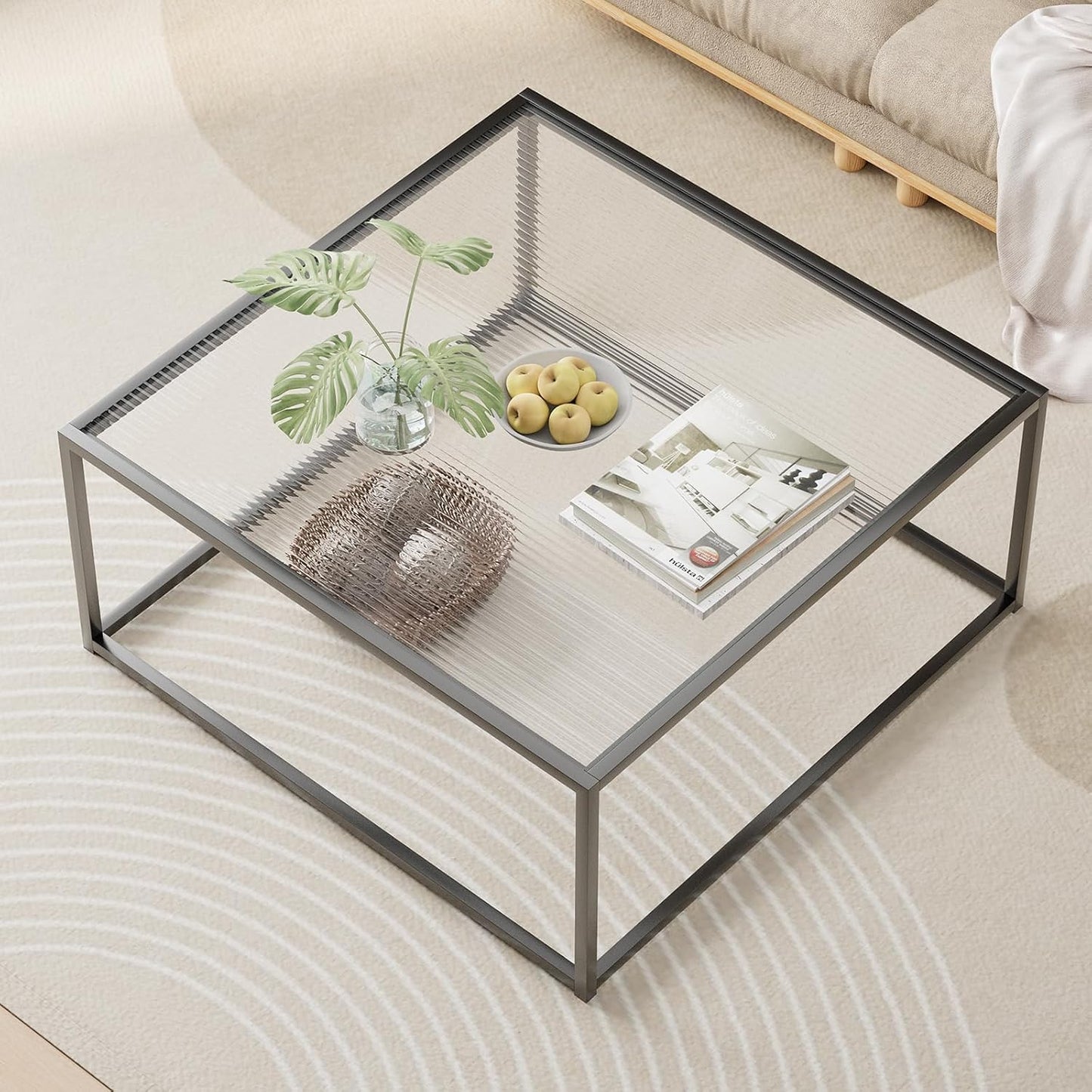 Glass Coffee Tables for Living Room Square Modern Center Table for Small Space,Tempered Glass-top with Sturdy Metal Frame Sofa Side End Table, Easy Assembly,26.4 x 26.4 x 15.7 Inches, Gray Black