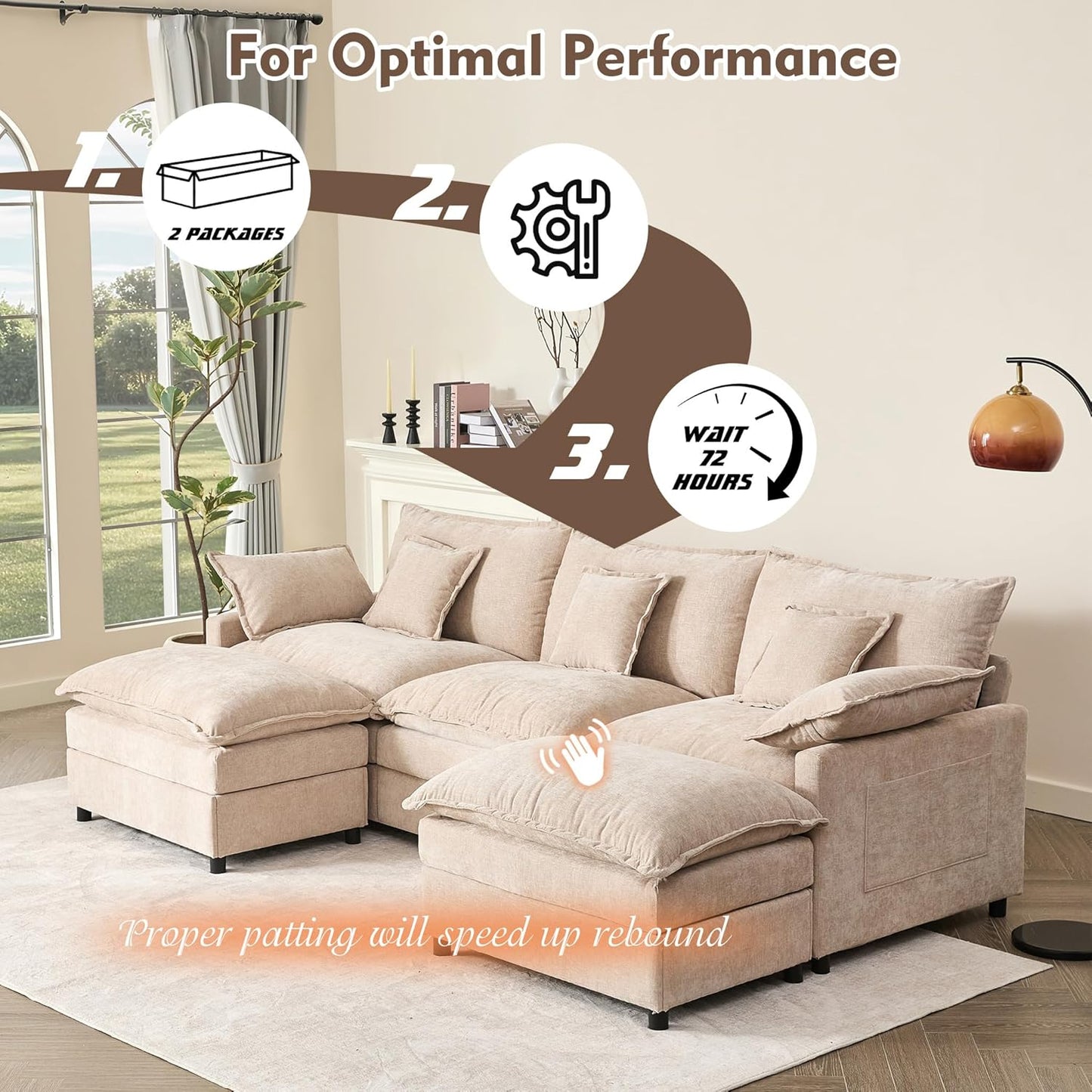108" U Shaped Couch, Modular Sectional Sofa, 3-Seater Comfy Cloud Couch with Movable Ottoman, Deep Seat Couches for Living Room, Chenille, Flat White