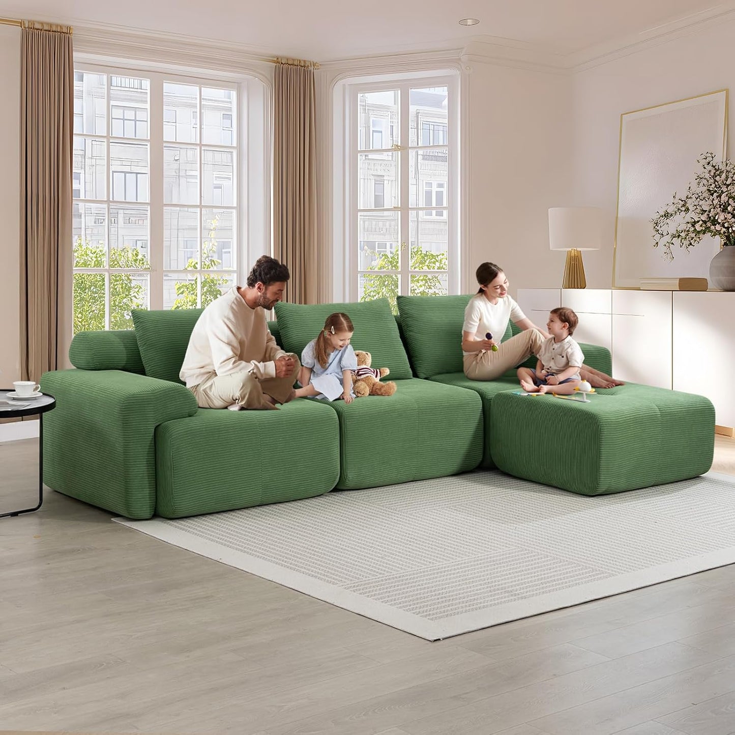 L-Shaped Sectional Sofa Bed with Memory Foam, No-Assembly Convertible Loveseat Couch, Corduroy Fabric Modular Sofa with Steel Frame for Living Room, Apartment, Bedroom, Small Spaces (Grey)