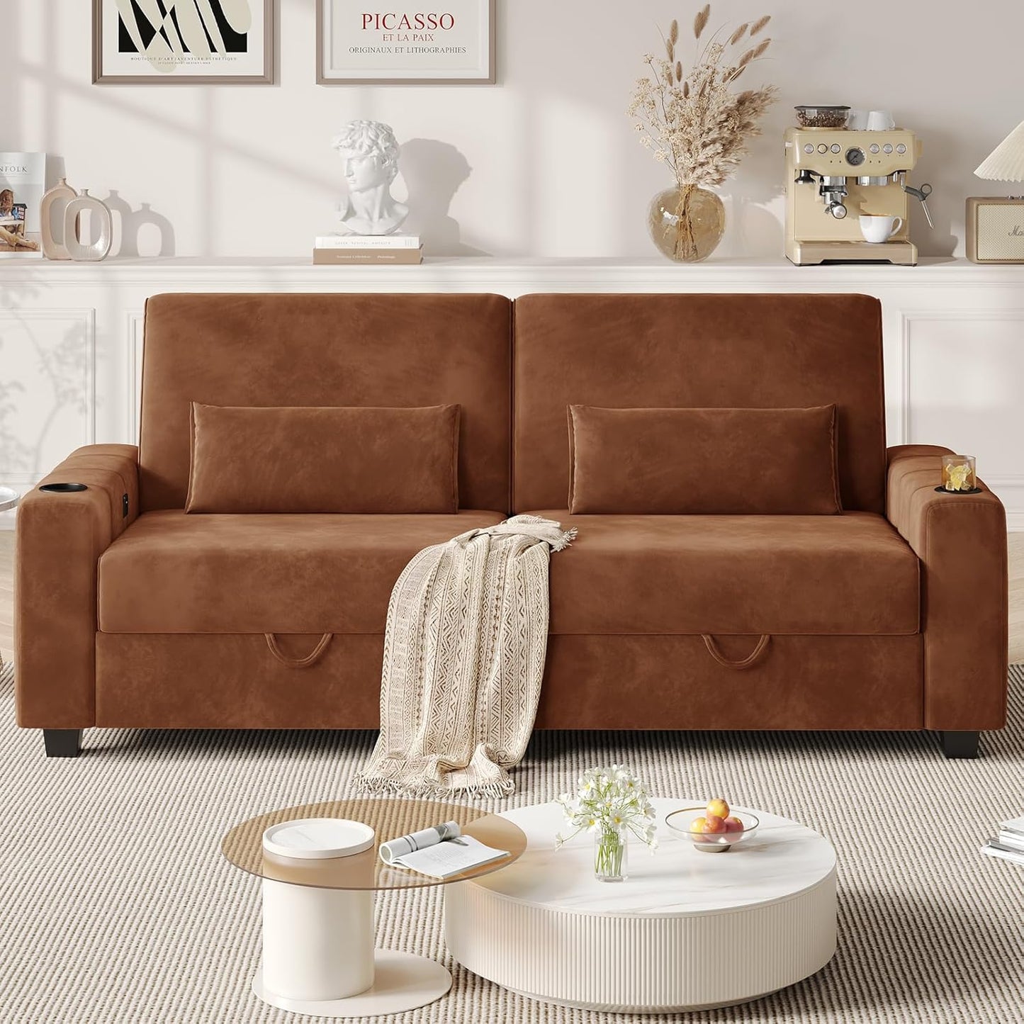 75 Inch Loveseat Sofa, Velvet Fabric Couch with Storage, Cup Holder, Charging Ports, Heightened Backrests, Removable Cover Modern Comfy Couches Easy Assembly for Small Spaces Apartment