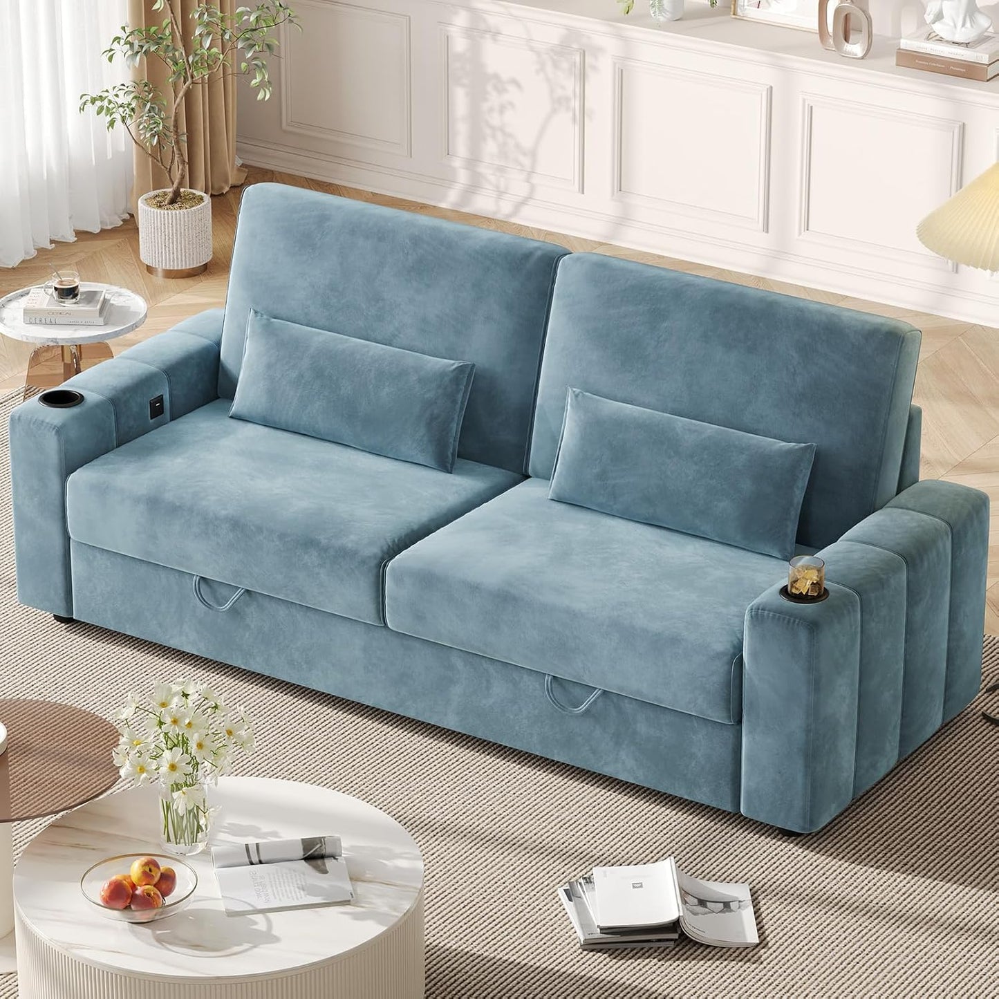 75 Inch Loveseat Sofa, Velvet Fabric Couch with Storage, Cup Holder, Charging Ports, Heightened Backrests, Removable Cover Modern Comfy Couches Easy Assembly for Small Spaces Apartment