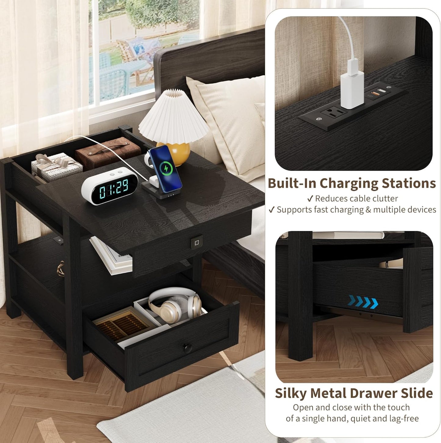 Rresyet End Table with Fingerprint Lock, Side Table with Extendable Top & Built-in Power Outlets & Drawer, Wooden Storage Nightstand for Home & Office (Black)