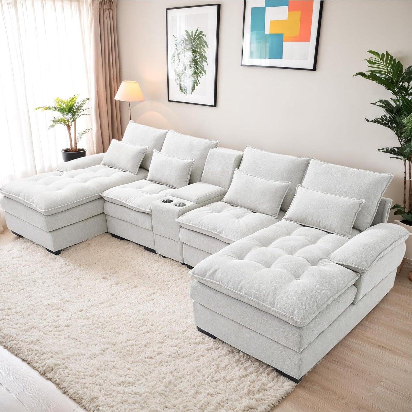 OUYESSIR 130" U Shaped Sectional Cloud Couches with Storage Console, Oversized Modular Sectional Sofa with Tufted Buttons & Chaise Lounge, Comfy Linen 6 Seat Sofa for Living Room, Beige White