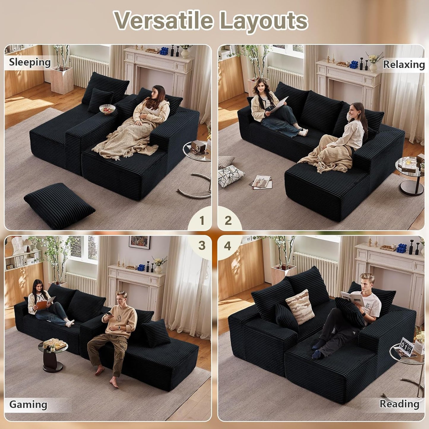 107" Modular Sectional Couches for Living Room, Comfy Boneless L Shaped Cloud Couch with Chaise Lounge, Modern Cozy Corduroy Deep Seat Floor Sofa, Memory Foam, No Assembly Required, Black