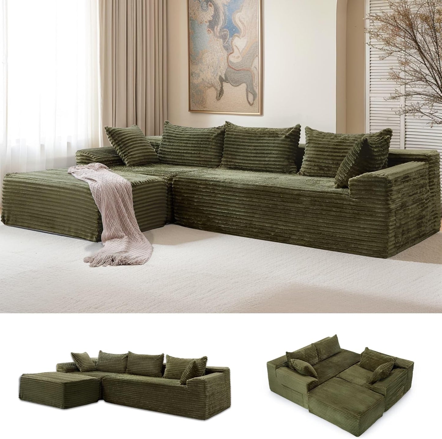 108" Sectional Couches for Living Room, Modular Sectional Sofa with L-Shape Chaise, Cloud Couch, Comfy Corduroy Fluffy Couch with Deep Seat and Side Pockets, No Assembly Required