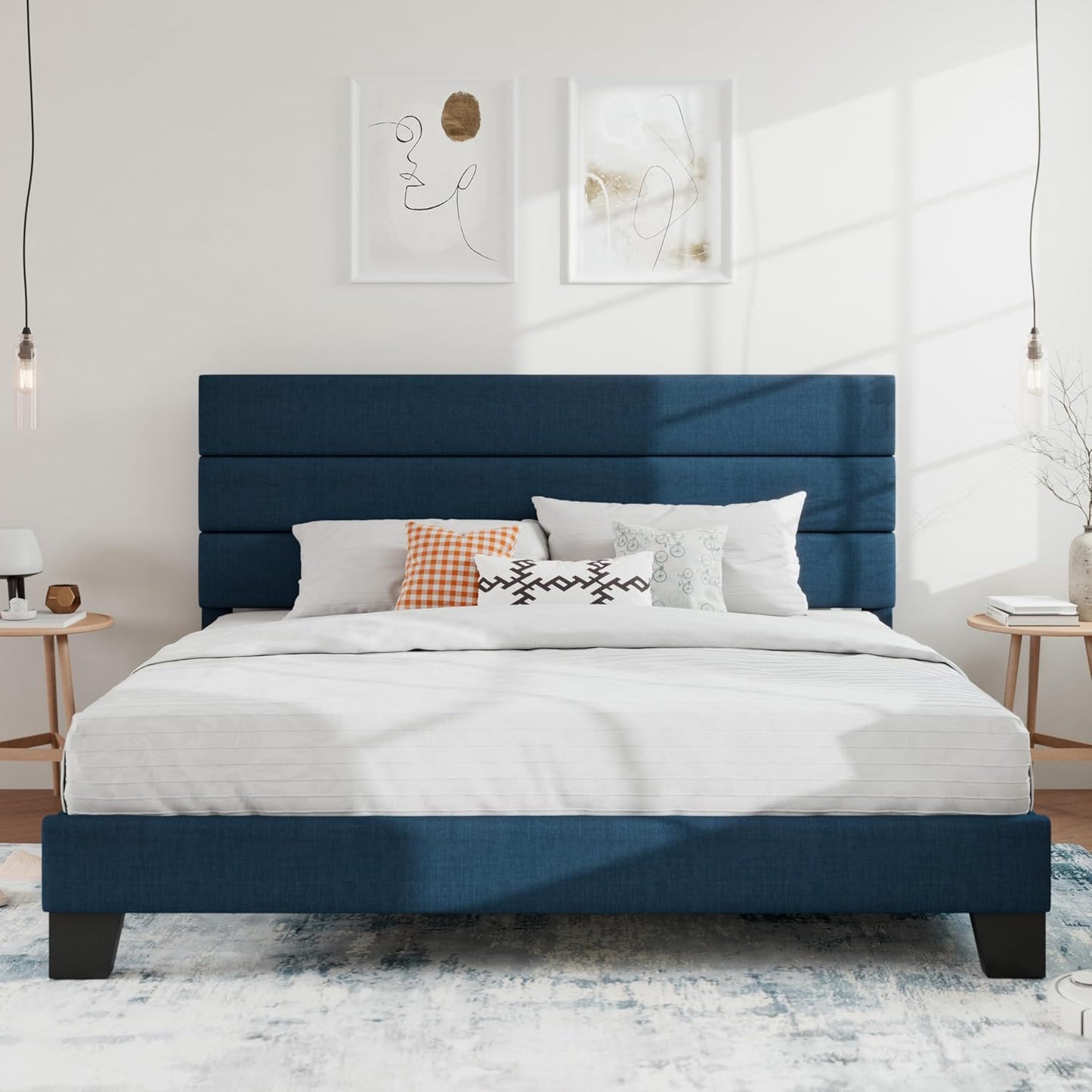 SHA CERLIN Full Platform Bed Frame with Upholstered Fabric Headboard, Mattress Foundation with Strong Wooden Slats Support, No Box Spring Needed, Blue